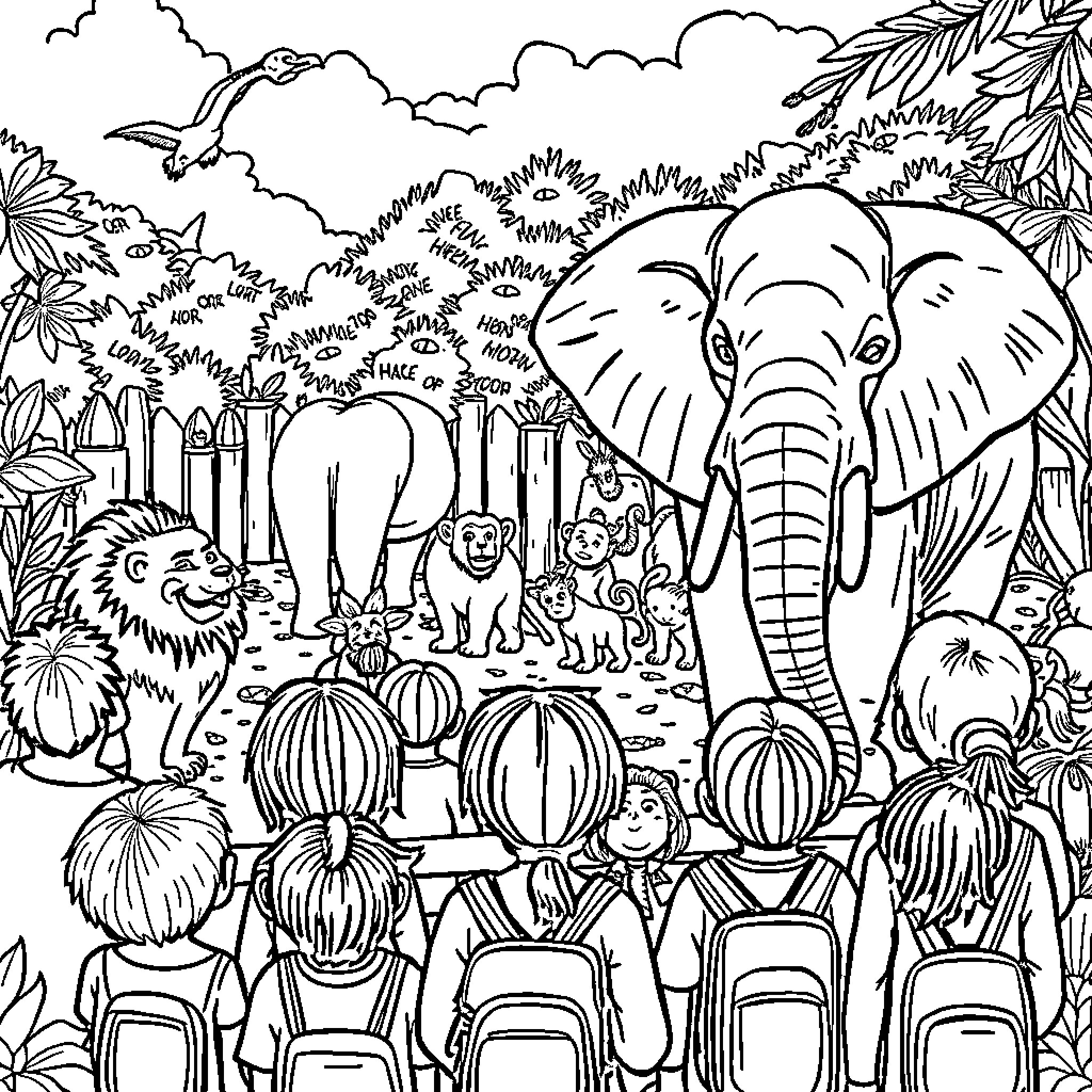 Zoo Scene with Various Animals and Visitors Coloring Page (free black-and-white line drawing printable PDF for all, from beginners to advanced learners, including children, teens, adults, and seniors)