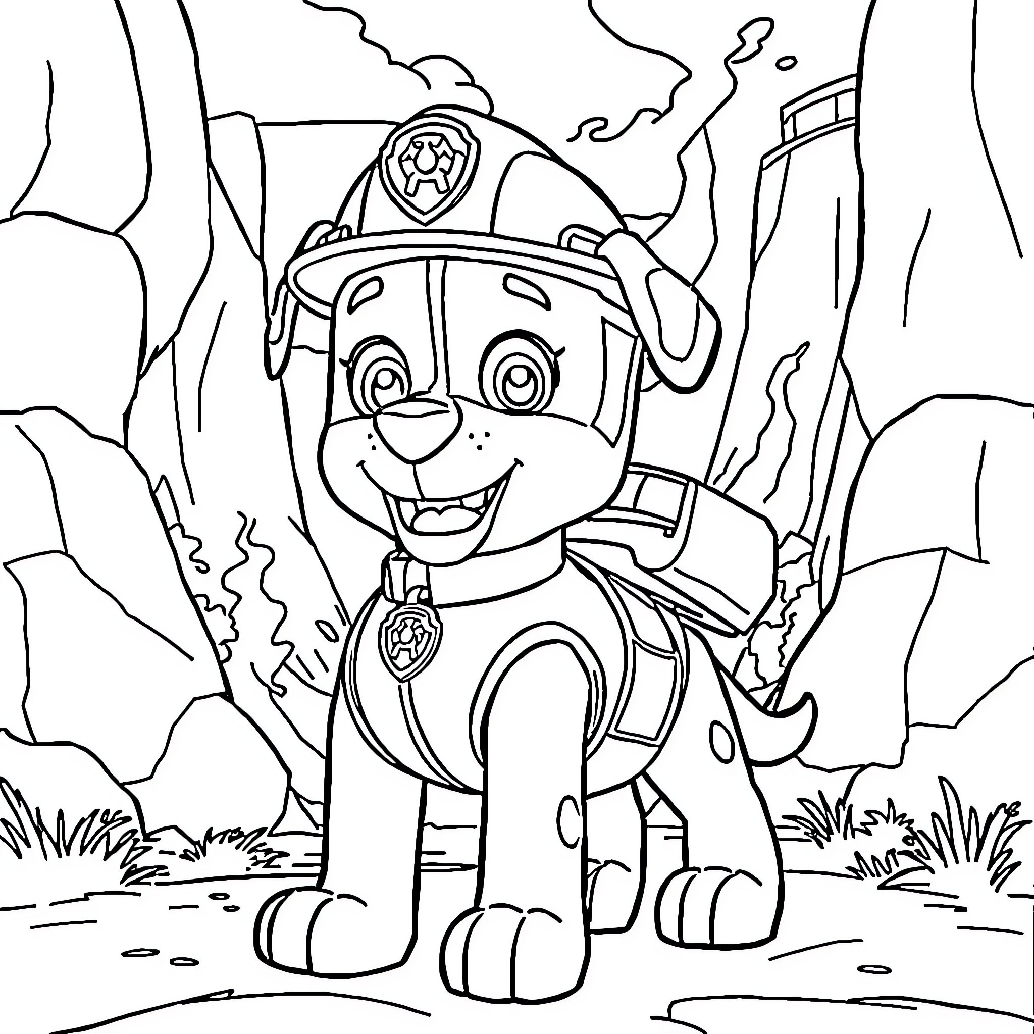 Marshall heroically explores the wilderness Coloring Page (free black-and-white line drawing printable PDF for all, from beginners to advanced learners, including children, teens, adults, and seniors)