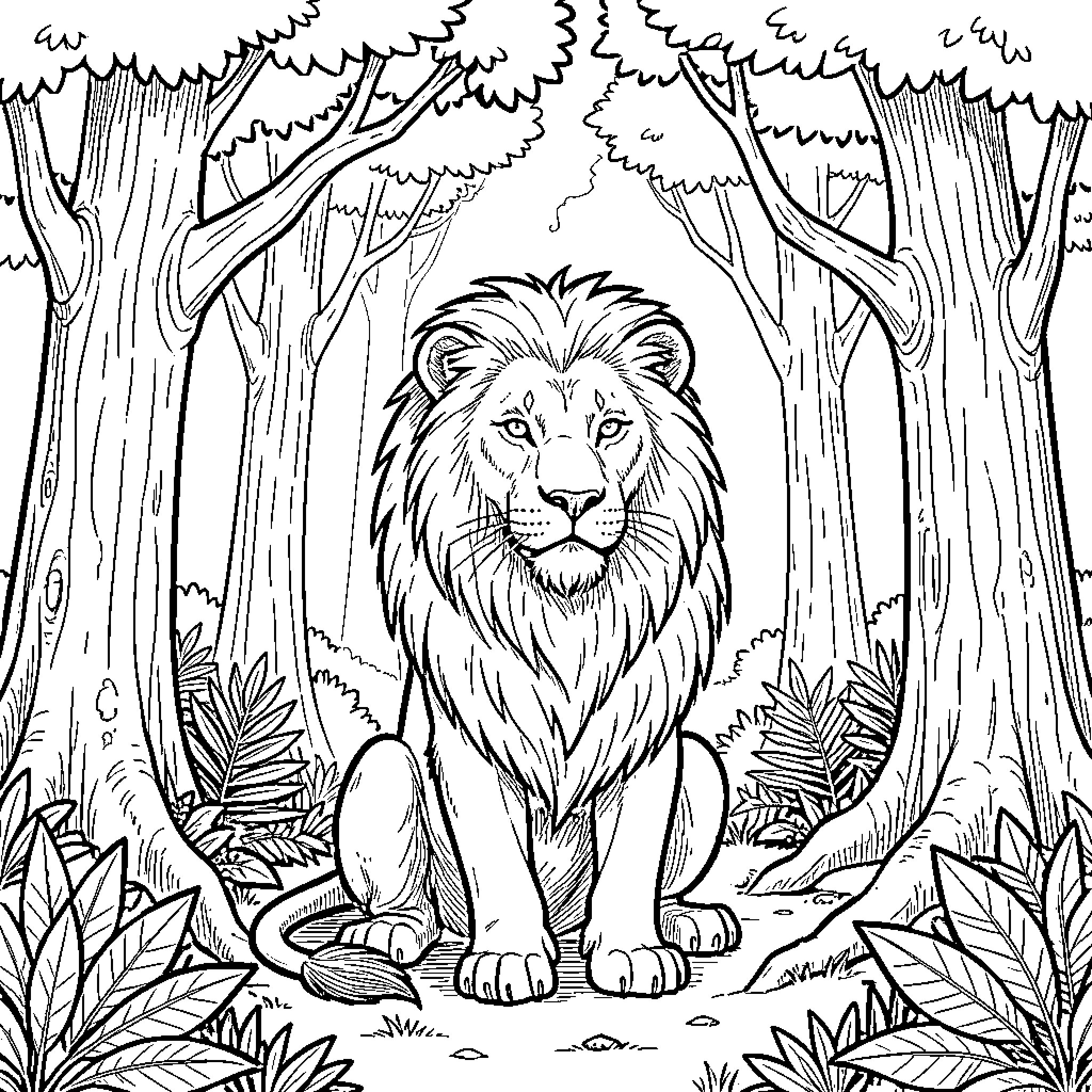 Leon the majestic lion sitting calmly in the forest Coloring Page (free black-and-white line drawing printable PDF for all, from beginners to advanced learners, including children, teens, adults, and seniors)