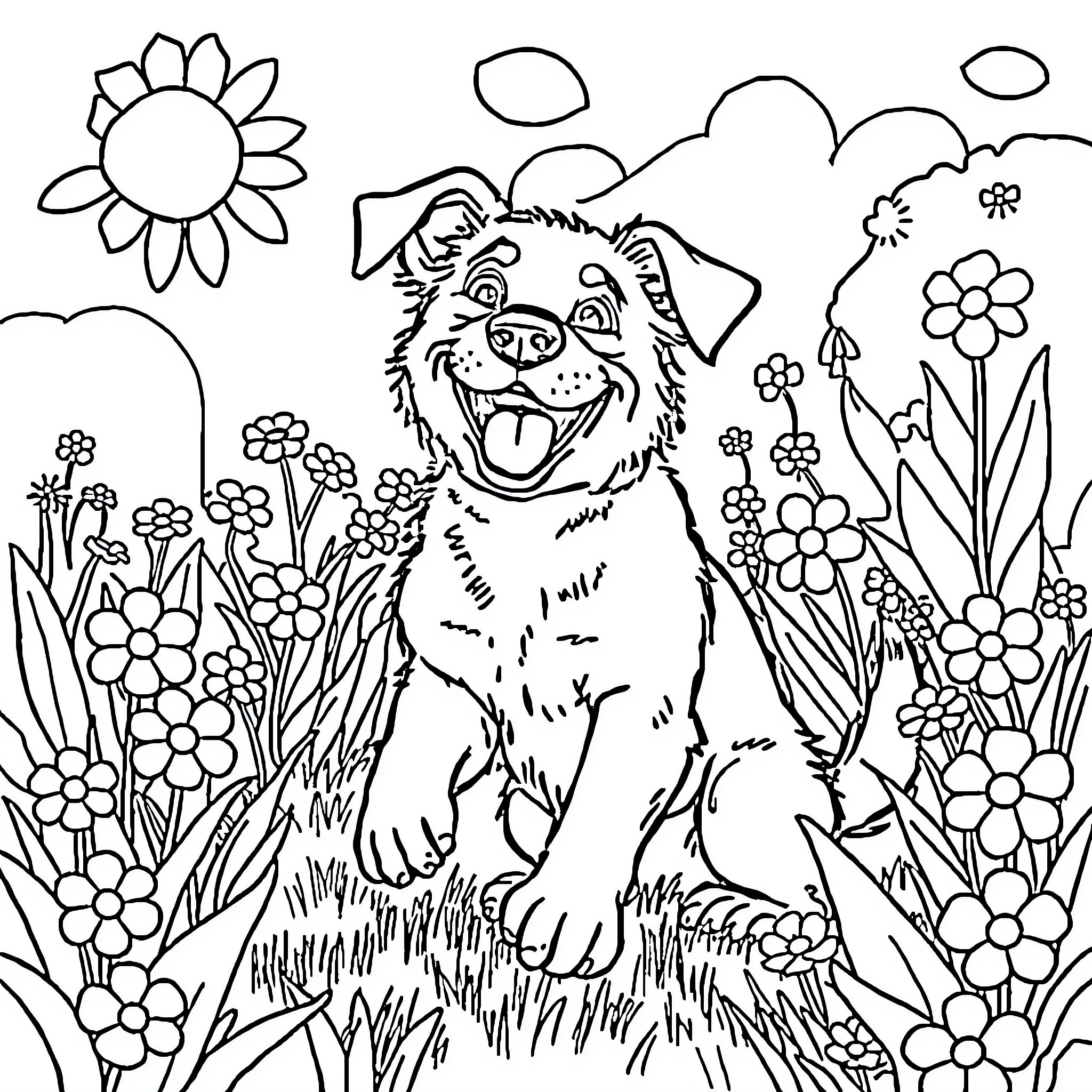 Dog enjoying the outdoors in a flowery scene Coloring Page (free black-and-white line drawing printable PDF for all, from beginners to advanced learners, including children, teens, adults, and seniors)