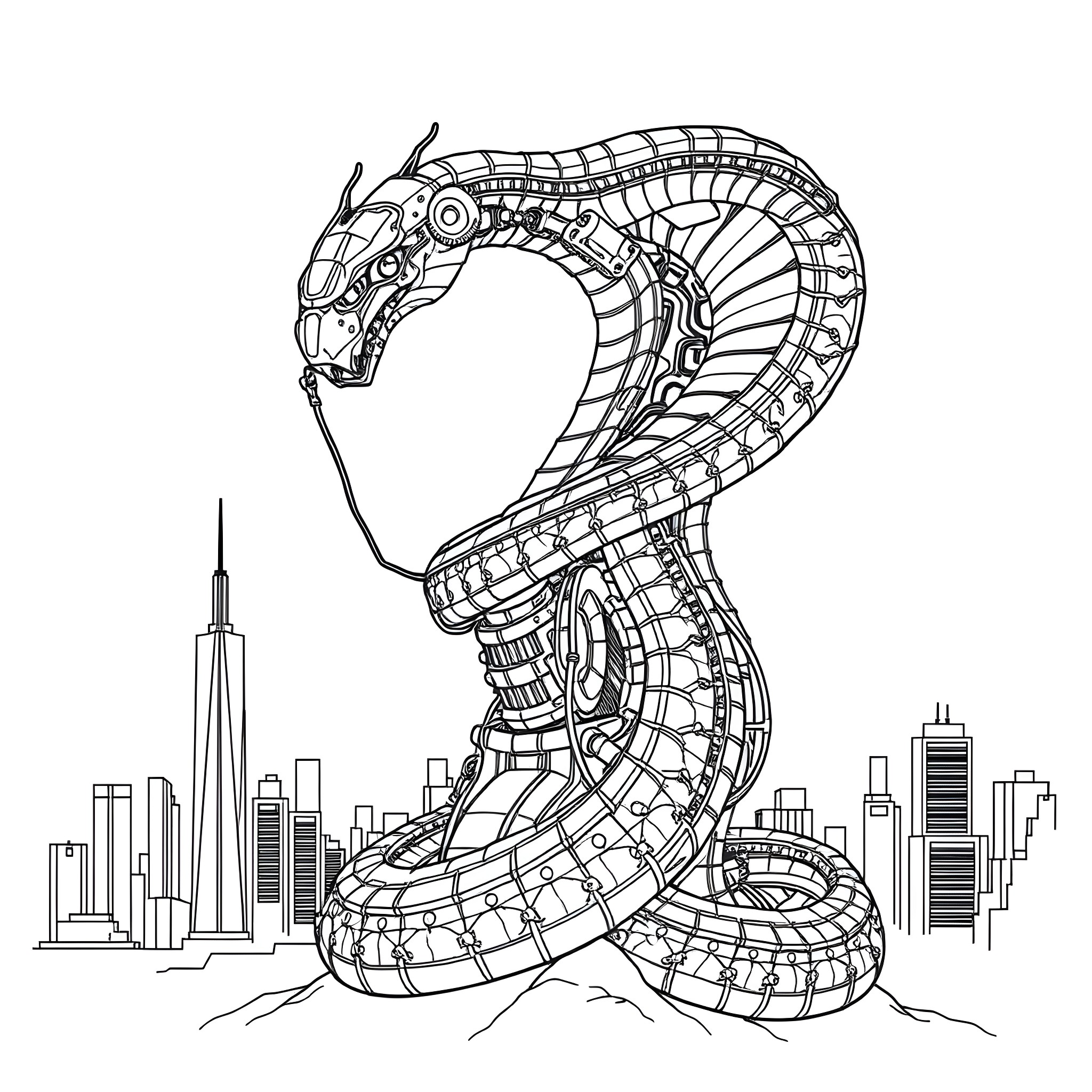 Robot snake guarding the city Coloring Page (free black-and-white line drawing printable PDF for all, from beginners to advanced learners, including children, teens, adults, and seniors)