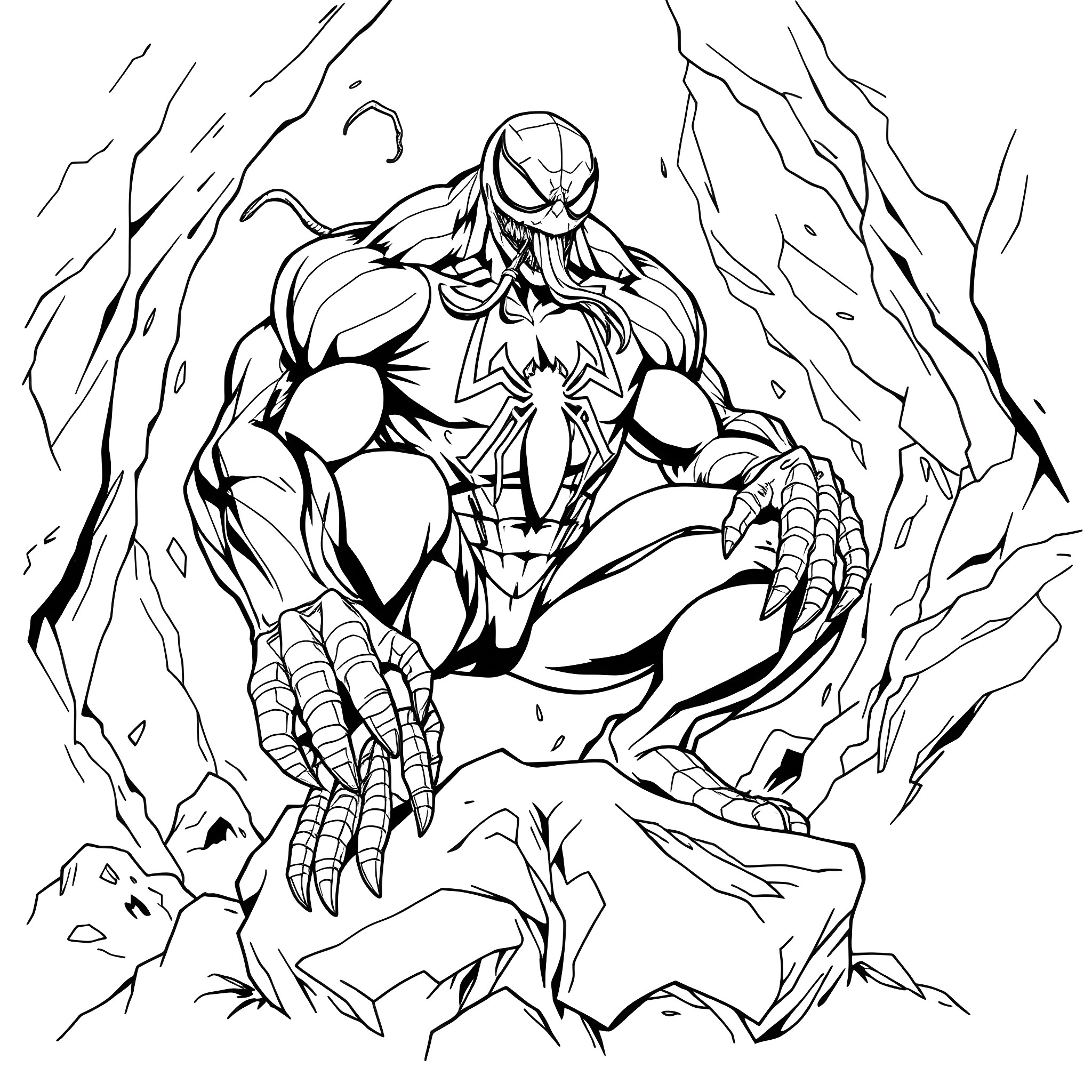 Venom unleashing his powers amidst the chaos Coloring Page (free black-and-white line drawing printable PDF for all, from beginners to advanced learners, including children, teens, adults, and seniors)