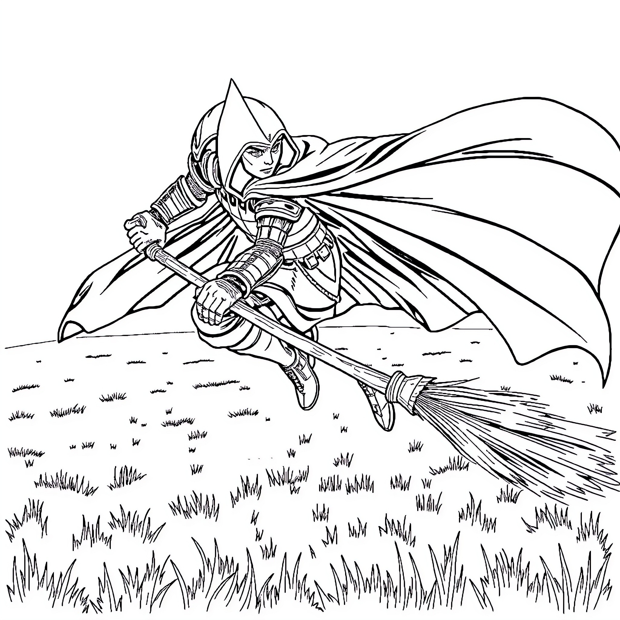 Darth Vader soaring through a grassy field Coloring Page (free black-and-white line drawing printable PDF for all, from beginners to advanced learners, including children, teens, adults, and seniors)