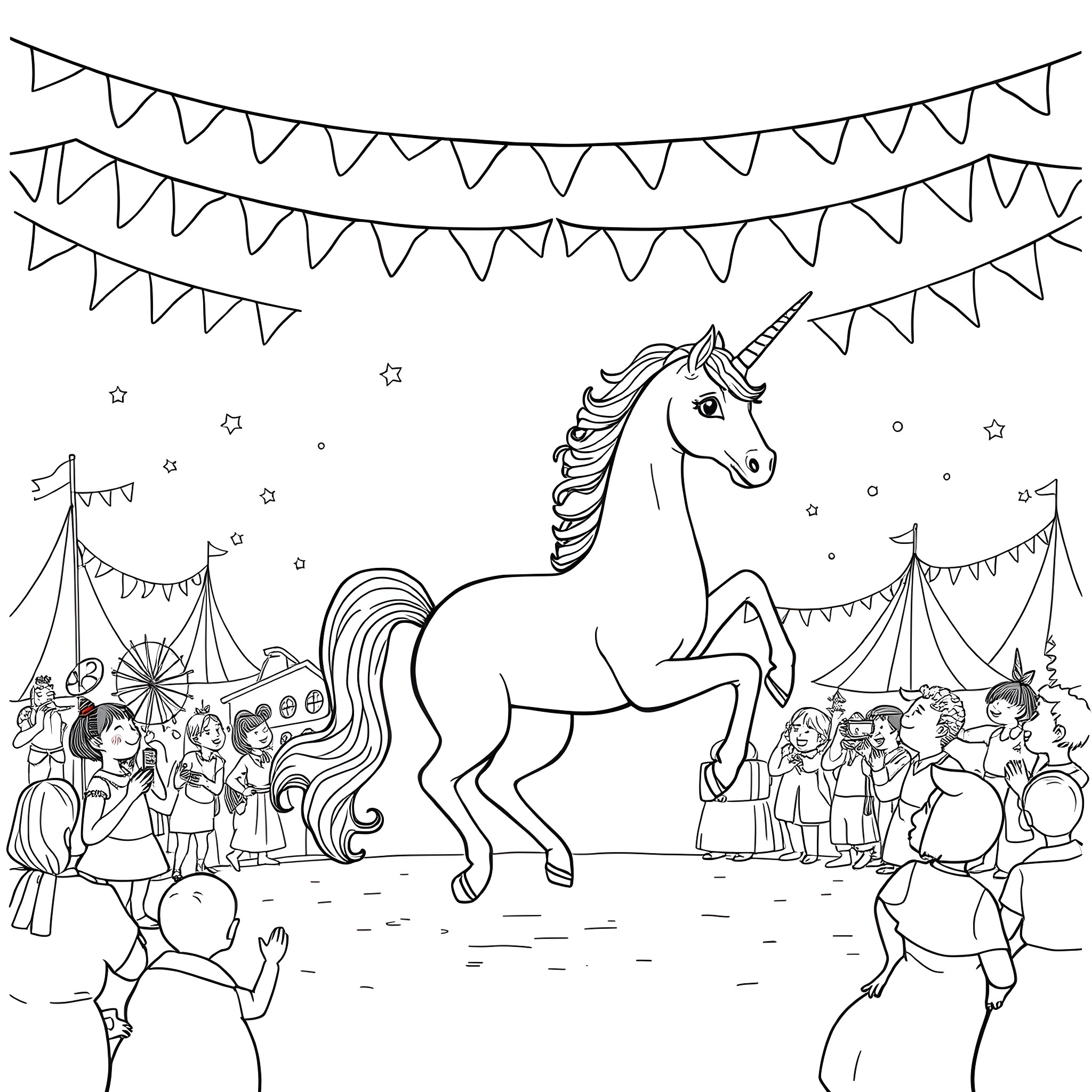 Unicorn performing at a lively carnival Coloring Page (free black-and-white line drawing printable PDF for all, from beginners to advanced learners, including children, teens, adults, and seniors)