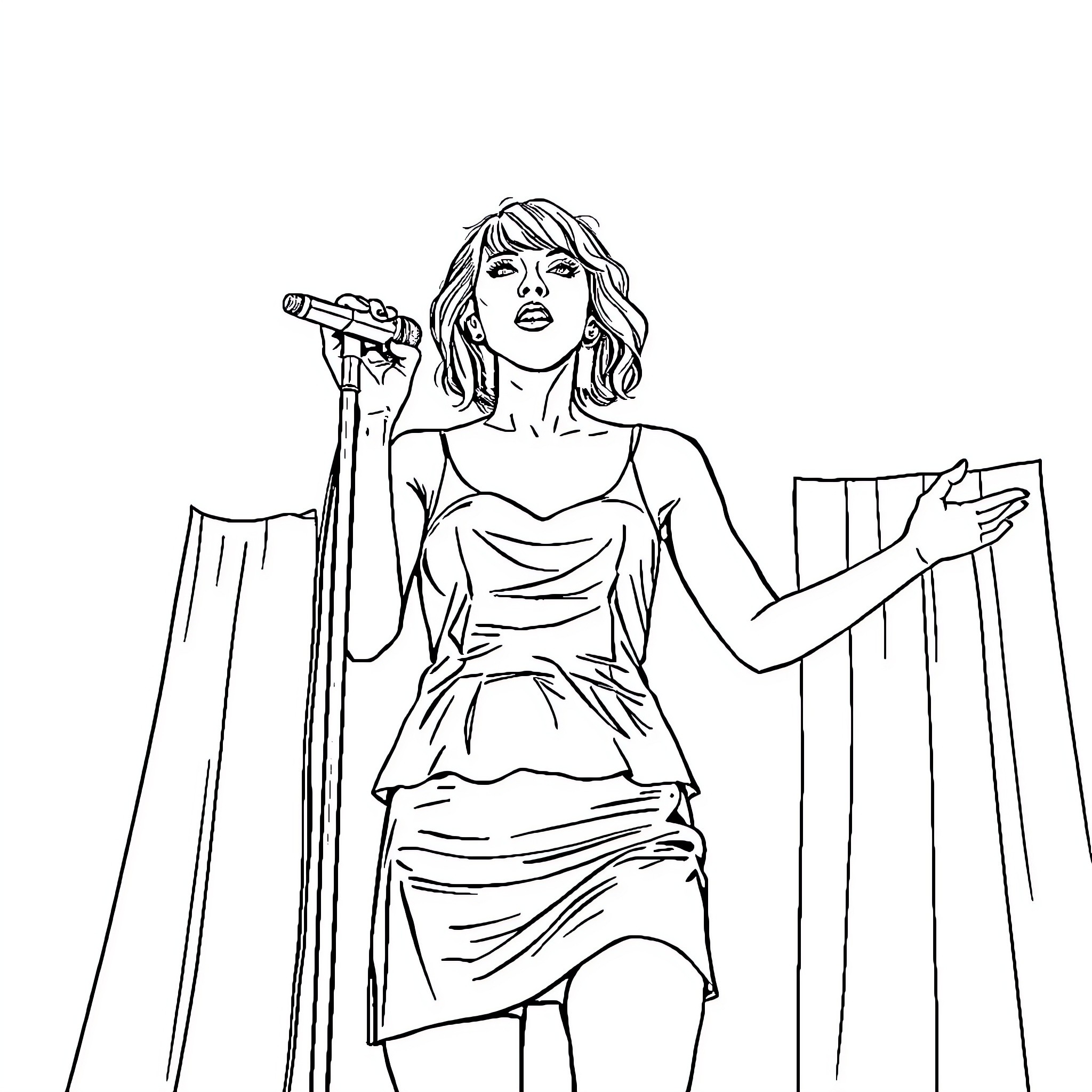 Taylor Swift performing on stage with microphone Coloring Page (free black-and-white line drawing printable PDF for all, from beginners to advanced learners, including children, teens, adults, and seniors)