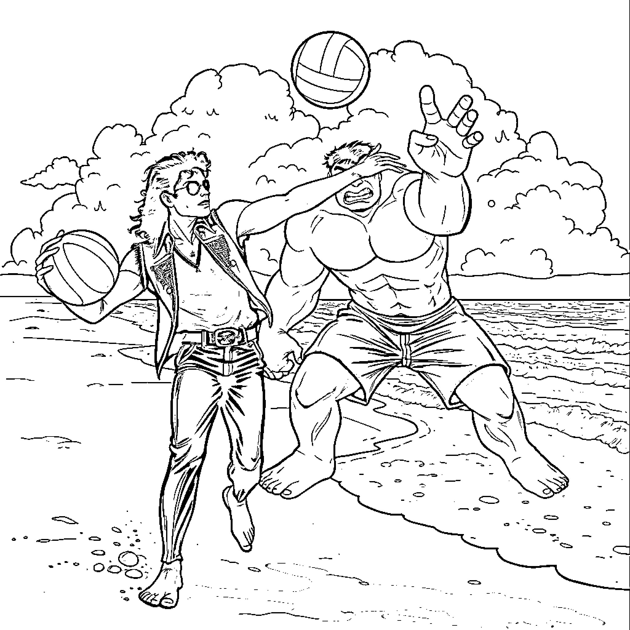 Michael Jackson's Beach Volleyball Adventure Coloring Page (free black-and-white line drawing printable PDF for all, from beginners to advanced learners, including children, teens, adults, and seniors)