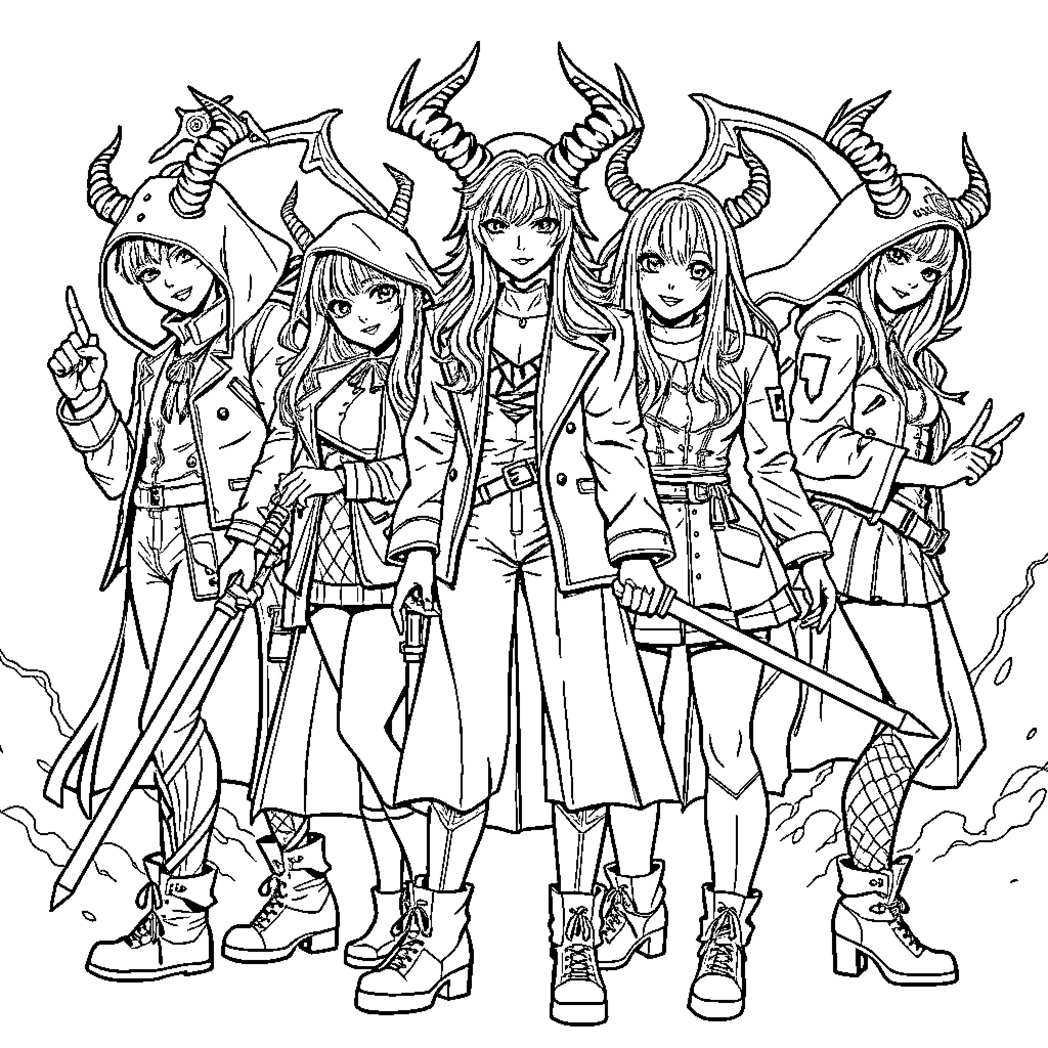 Kpop Demon Hunter Team in Action Coloring Page (free black-and-white line drawing printable PDF for all, from beginners to advanced learners, including children, teens, adults, and seniors)