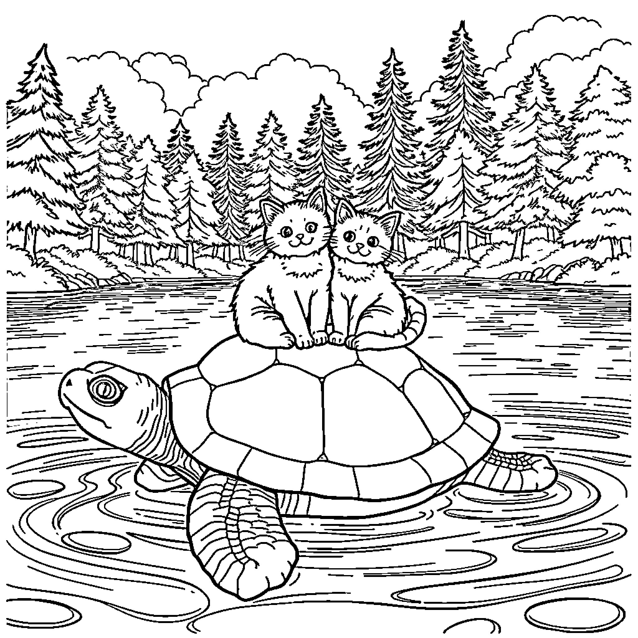 Cats on a Turtle in the Forest Coloring Page (free black-and-white line drawing printable PDF for all, from beginners to advanced learners, including children, teens, adults, and seniors)