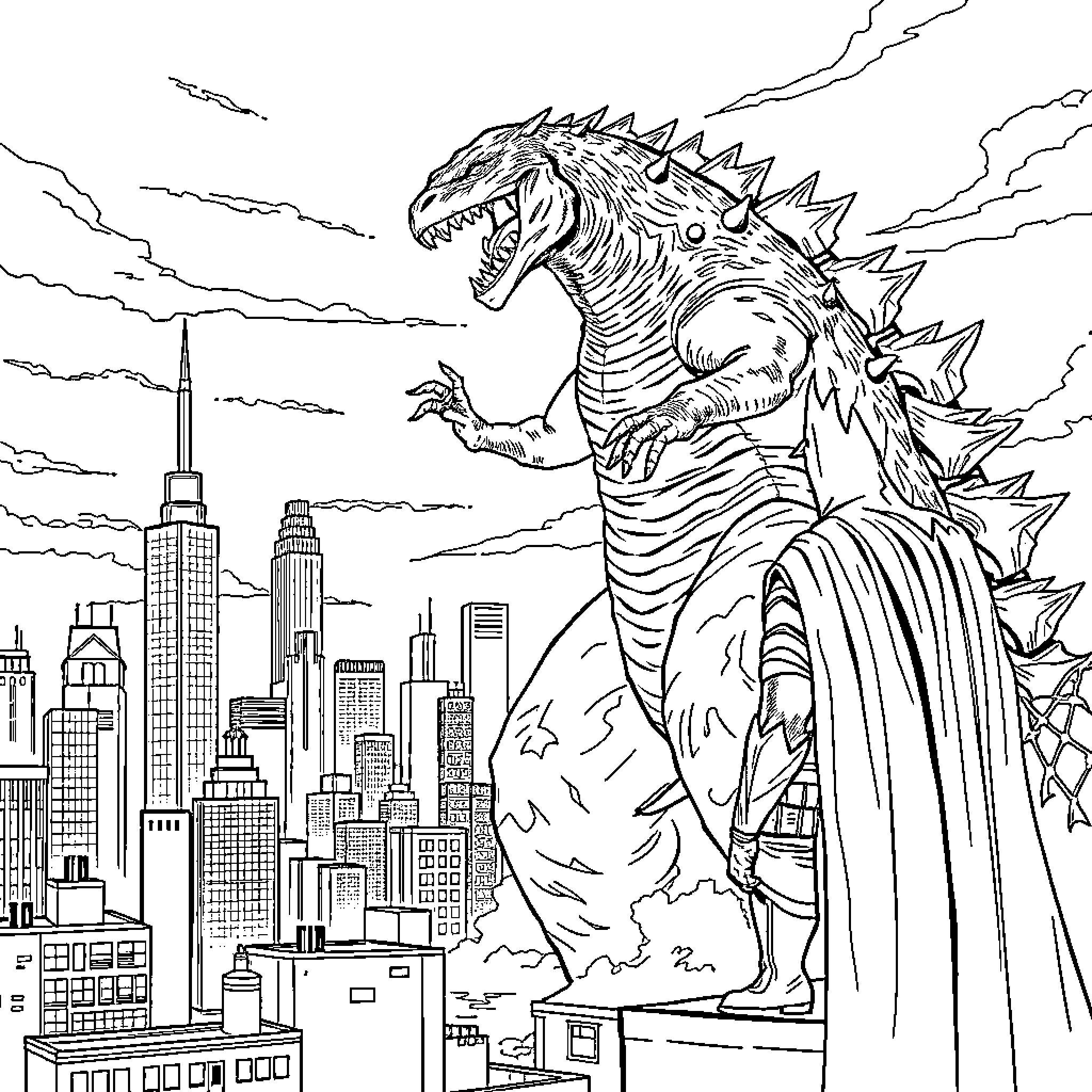 Godzilla rampages through the city skyline Coloring Page (free black-and-white line drawing printable PDF for all, from beginners to advanced learners, including children, teens, adults, and seniors)