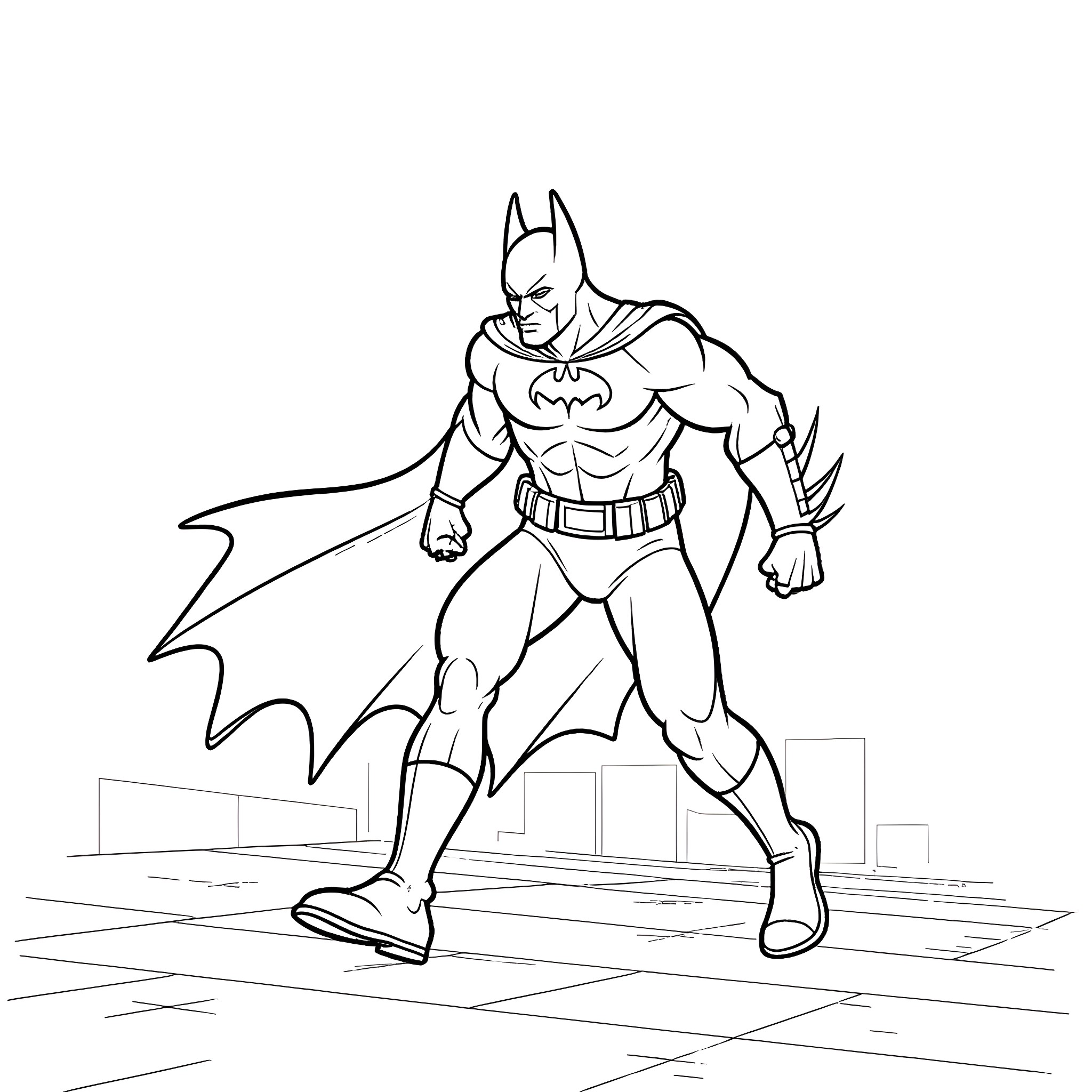 Batman in heroic pose against cityscape Coloring Page (free black-and-white line drawing printable PDF for all, from beginners to advanced learners, including children, teens, adults, and seniors)