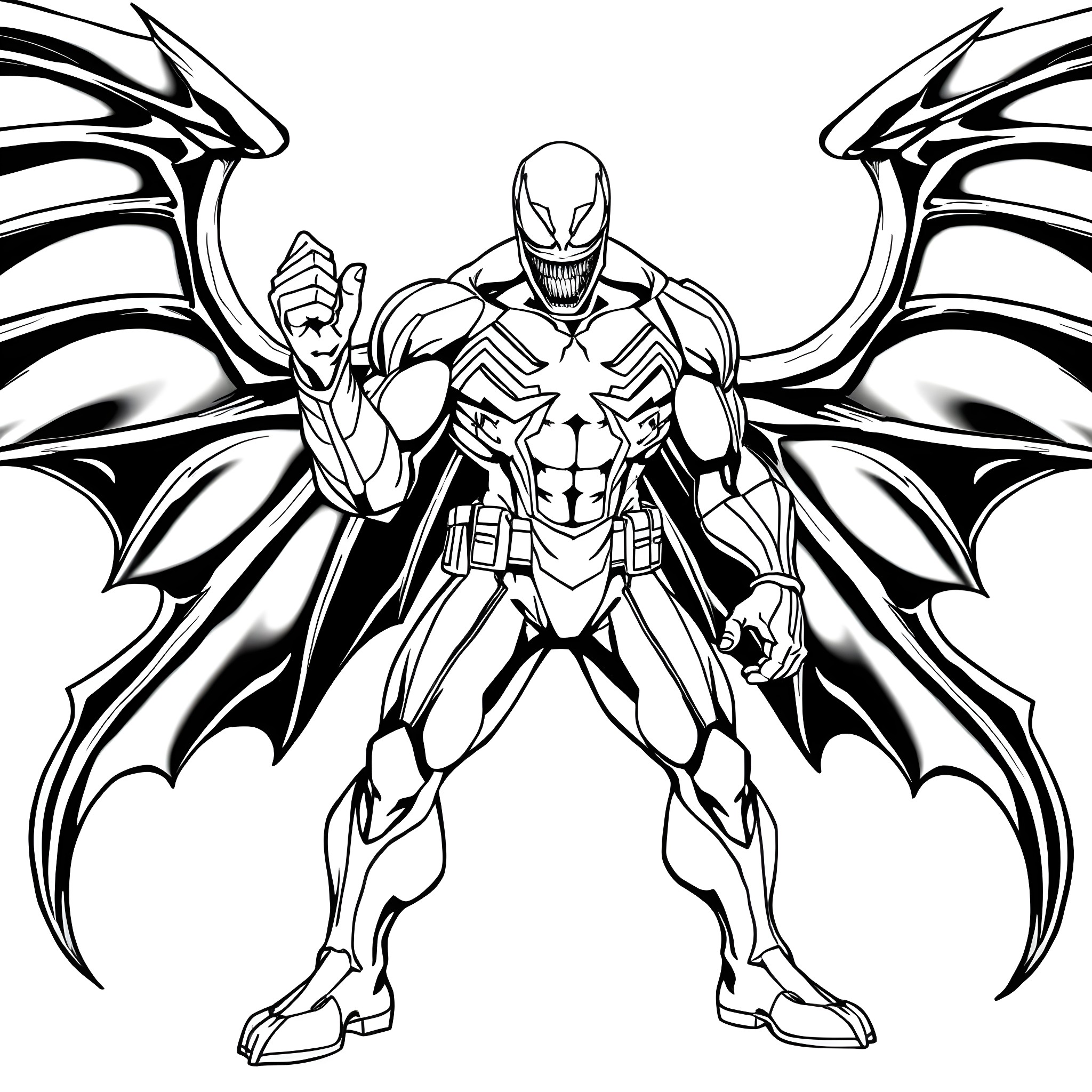 Captain Venom Unleashes Formidable Winged Prowess Coloring Page (free black-and-white line drawing printable PDF for all, from beginners to advanced learners, including children, teens, adults, and seniors)