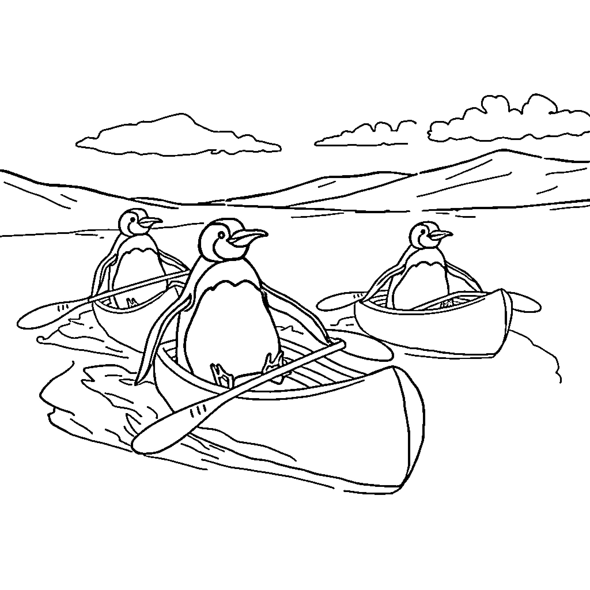 Penguin Family Paddling in Boats Coloring Page (free black-and-white line drawing printable PDF for all, from beginners to advanced learners, including children, teens, adults, and seniors)