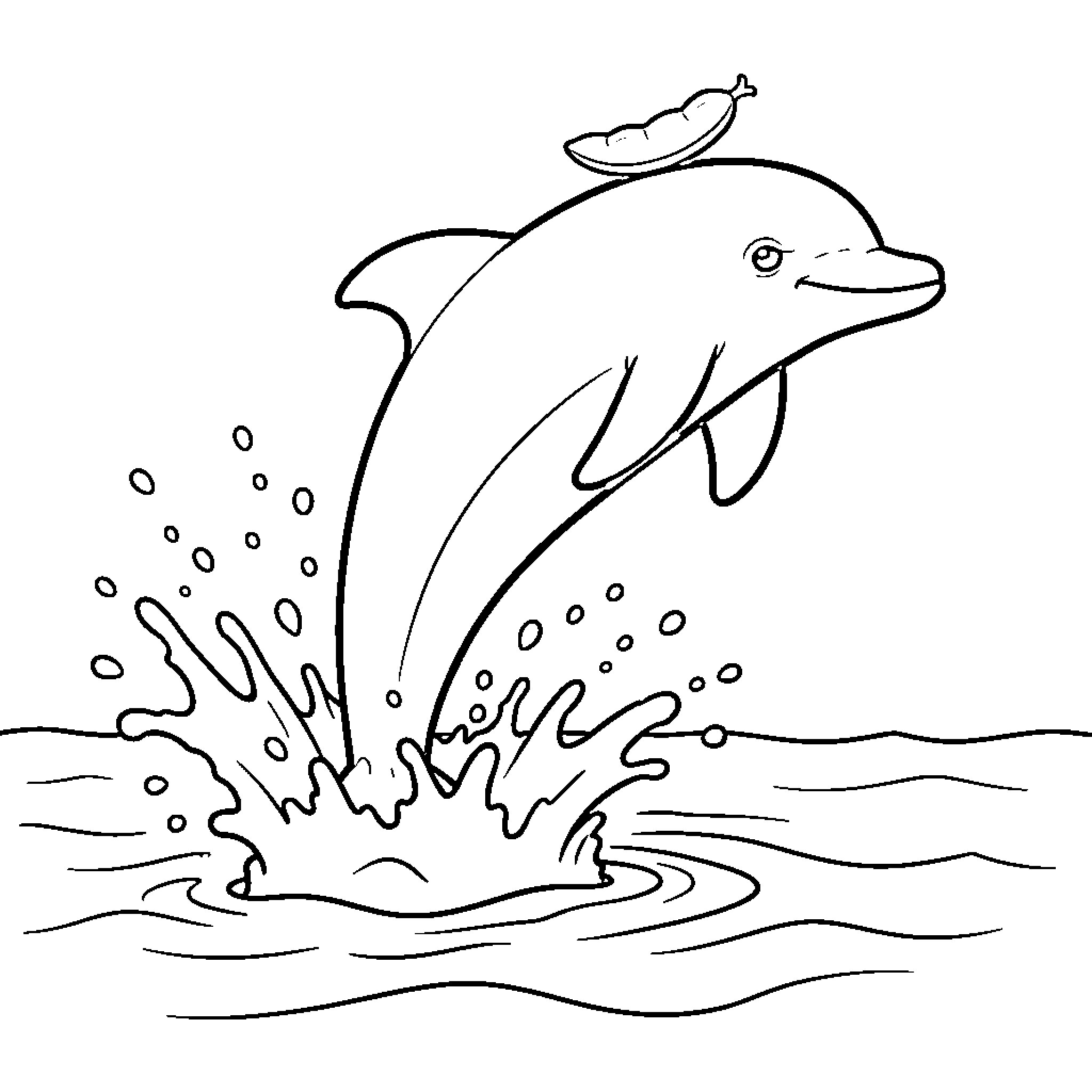 Dolphin jumping out of the water with a pea pod Coloring Page (free black-and-white line drawing printable PDF for all, from beginners to advanced learners, including children, teens, adults, and seniors)