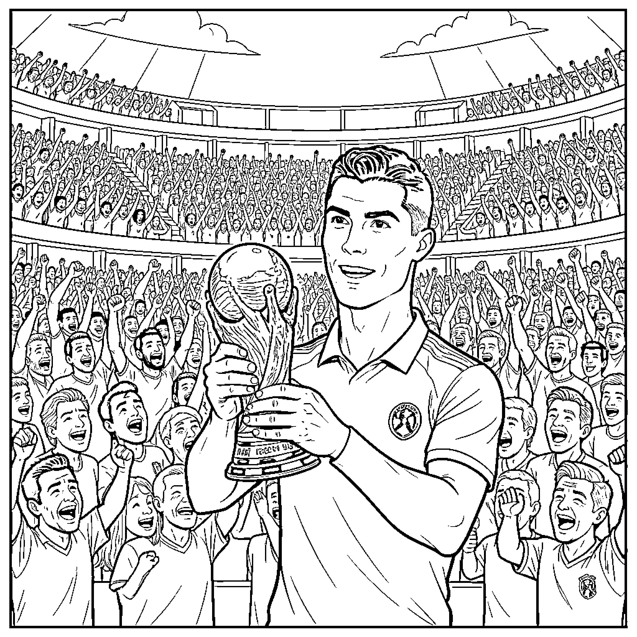 Cristiano Ronaldo holding a trophy in a stadium Coloring Page (free black-and-white line drawing printable PDF for all, from beginners to advanced learners, including children, teens, adults, and seniors)