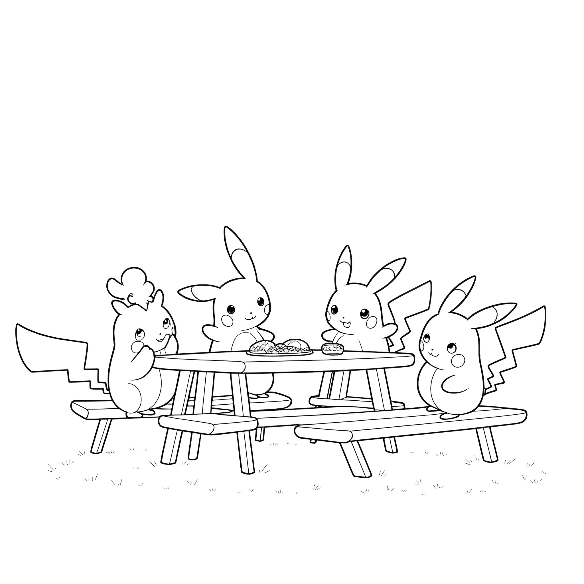 Pokémon enjoying a picnic together Coloring Page (free black-and-white line drawing printable PDF for all, from beginners to advanced learners, including children, teens, adults, and seniors)