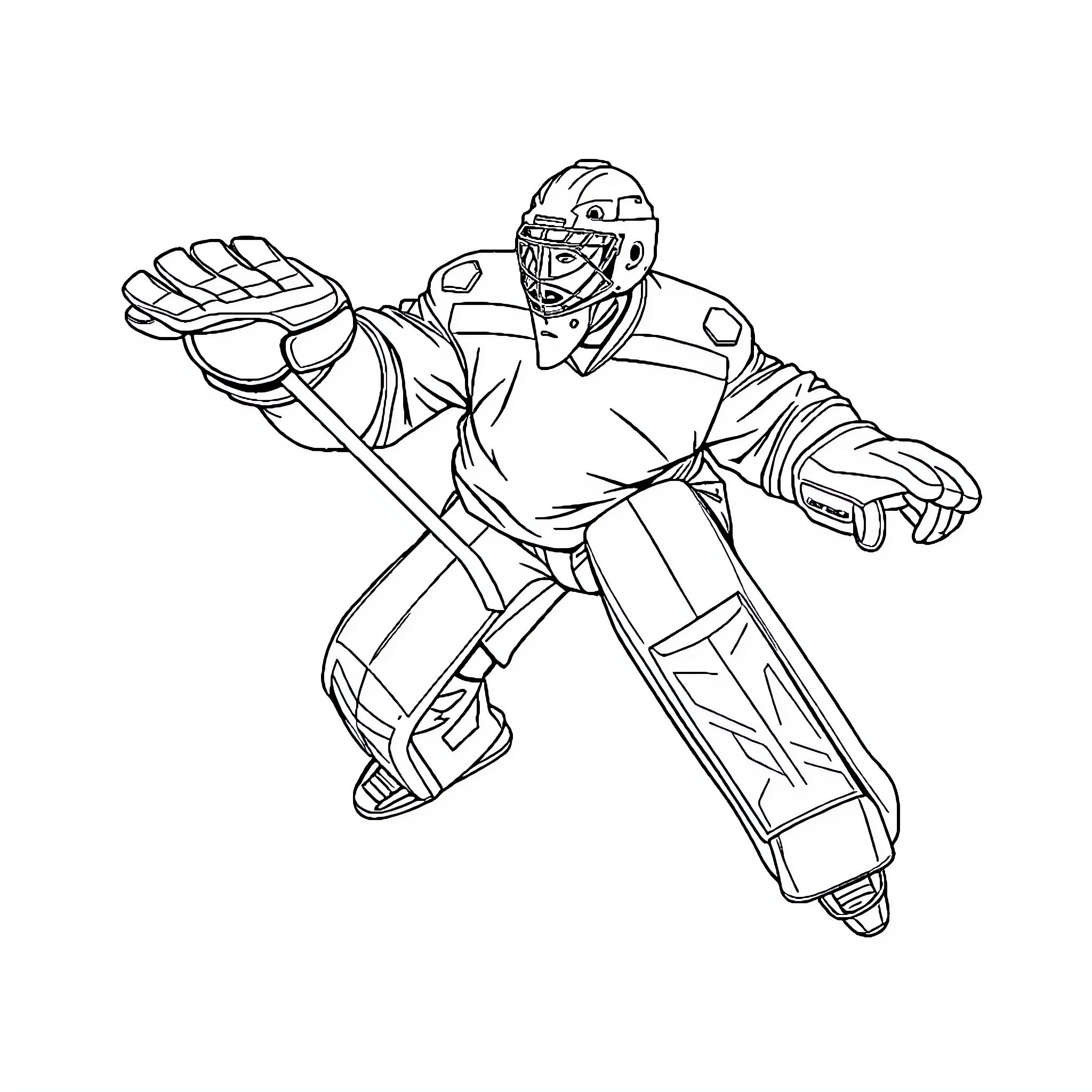 Hockey Goalie Guarding the Net with Determination Coloring Page (free black-and-white line drawing printable PDF for all, from beginners to advanced learners, including children, teens, adults, and seniors)