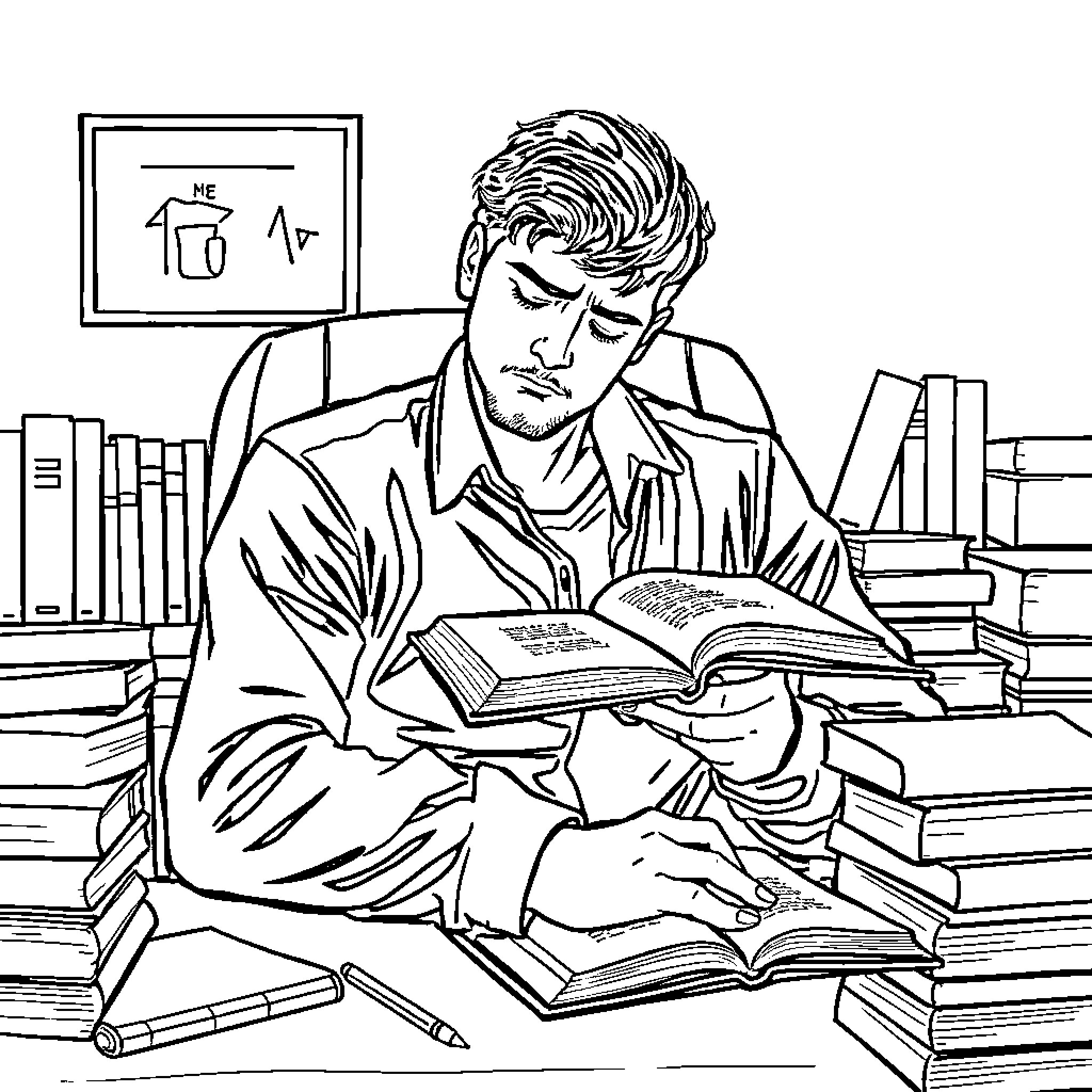 Man studying intently in a library Coloring Page (free black-and-white line drawing printable PDF for all, from beginners to advanced learners, including children, teens, adults, and seniors)