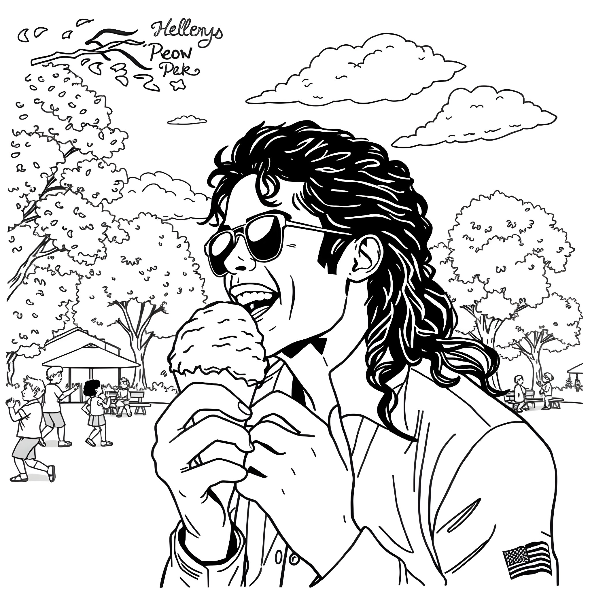Michael Jackson enjoying an ice cream at a park Coloring Page (free black-and-white line drawing printable PDF for all, from beginners to advanced learners, including children, teens, adults, and seniors)
