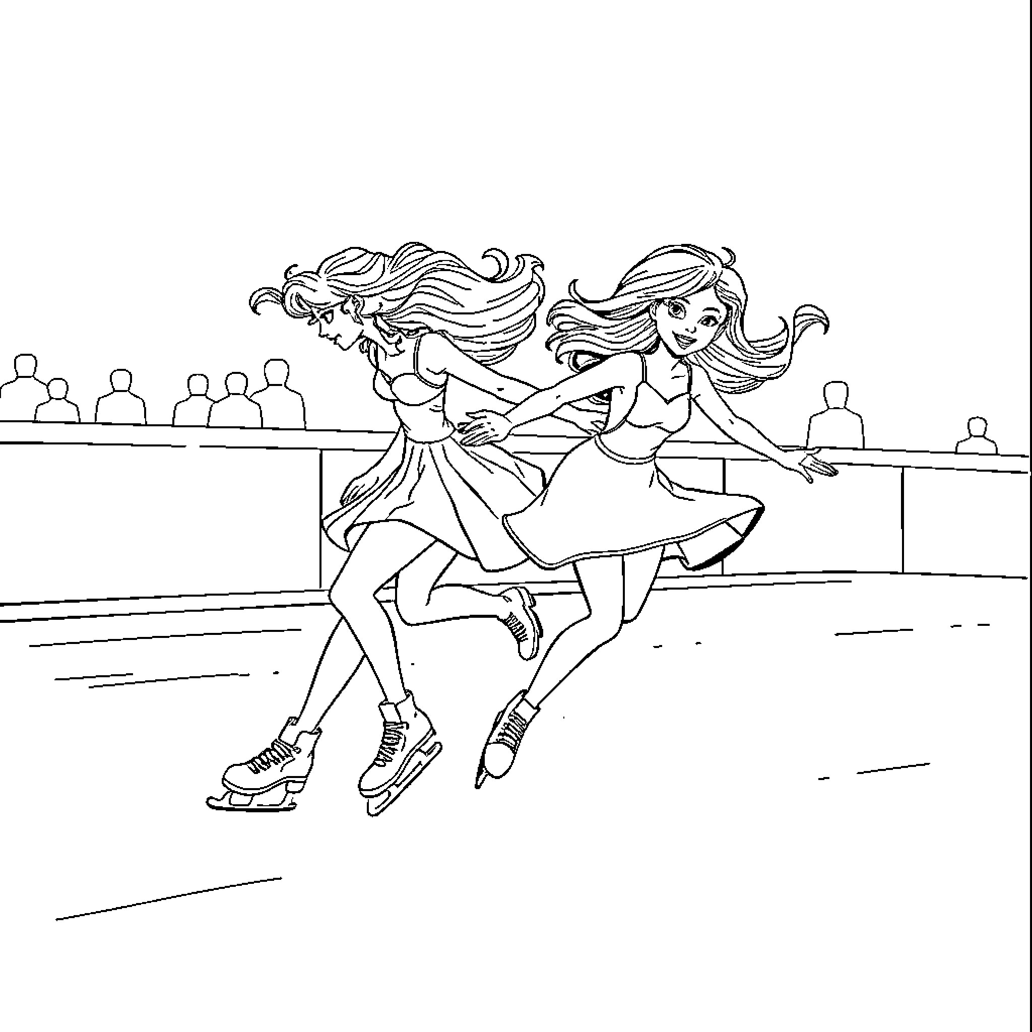 Huntrix Ice Skating Friends Coloring Page (free black-and-white line drawing printable PDF for all, from beginners to advanced learners, including children, teens, adults, and seniors)