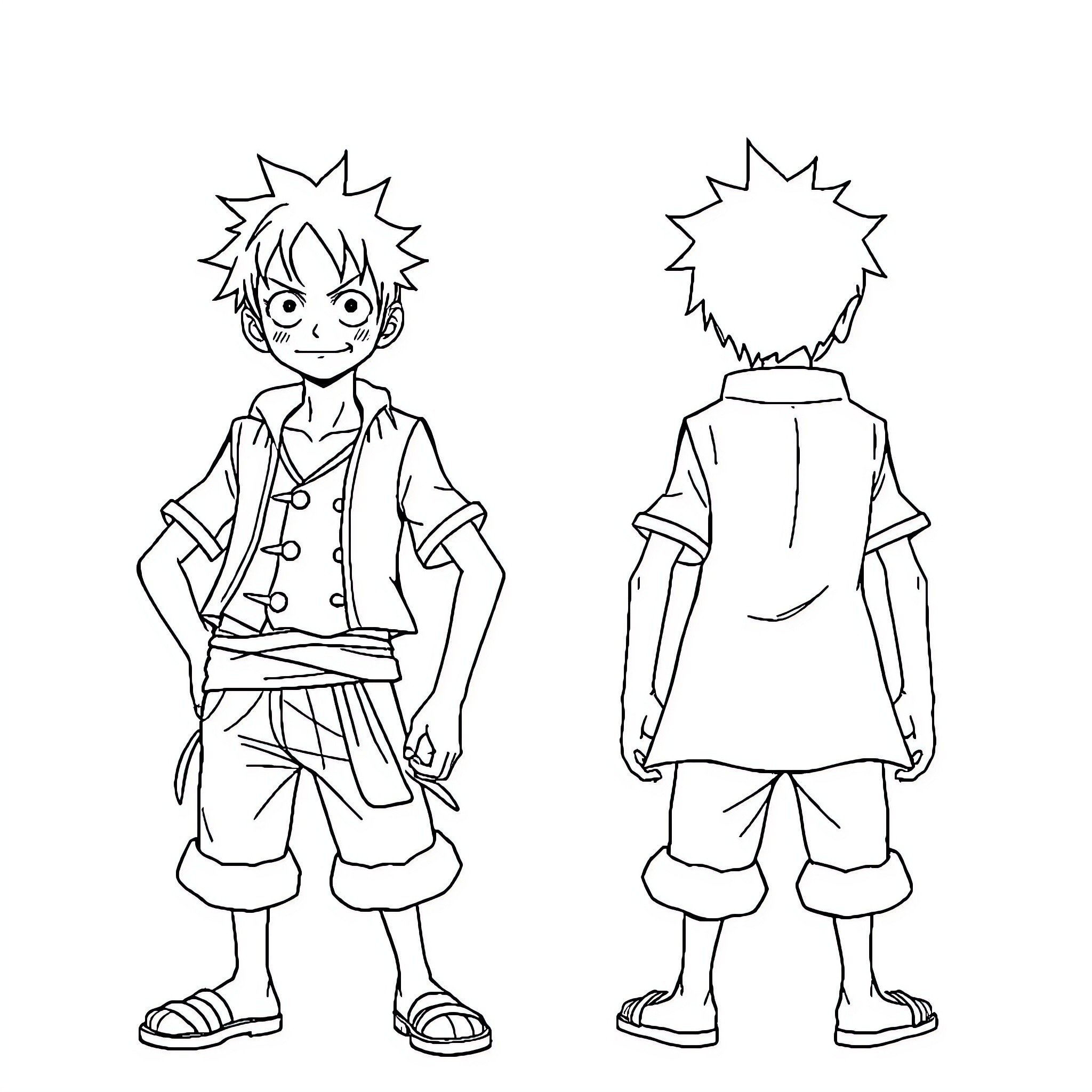 Monkey D Luffy - Cheerful anime character in casual outfit Coloring Page (free black-and-white line drawing printable PDF for all, from beginners to advanced learners, including children, teens, adults, and seniors)