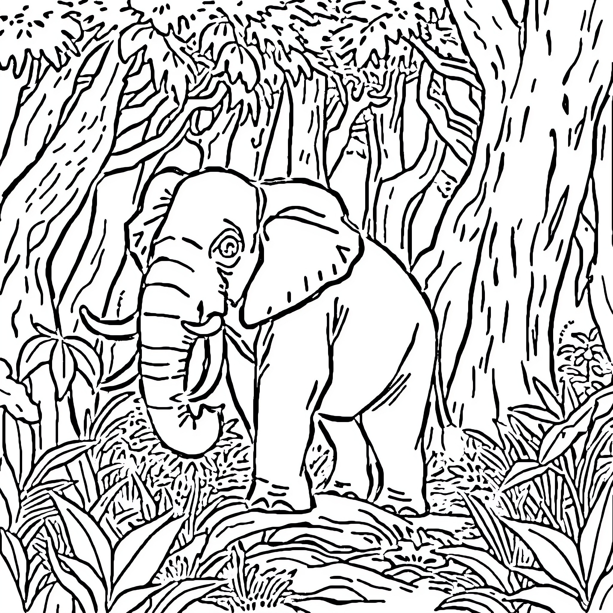 Elephant Exploring the Lush Jungle Coloring Page (free black-and-white line drawing printable PDF for all, from beginners to advanced learners, including children, teens, adults, and seniors)