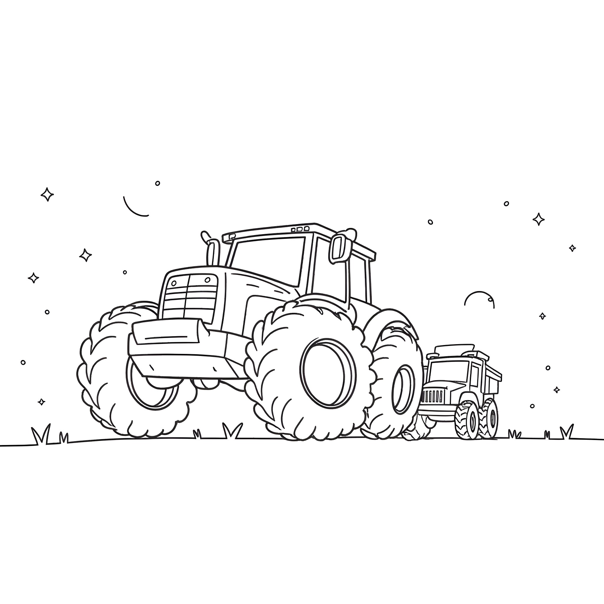 Tractor moving through the countryside Coloring Page (free black-and-white line drawing printable PDF for all, from beginners to advanced learners, including children, teens, adults, and seniors)