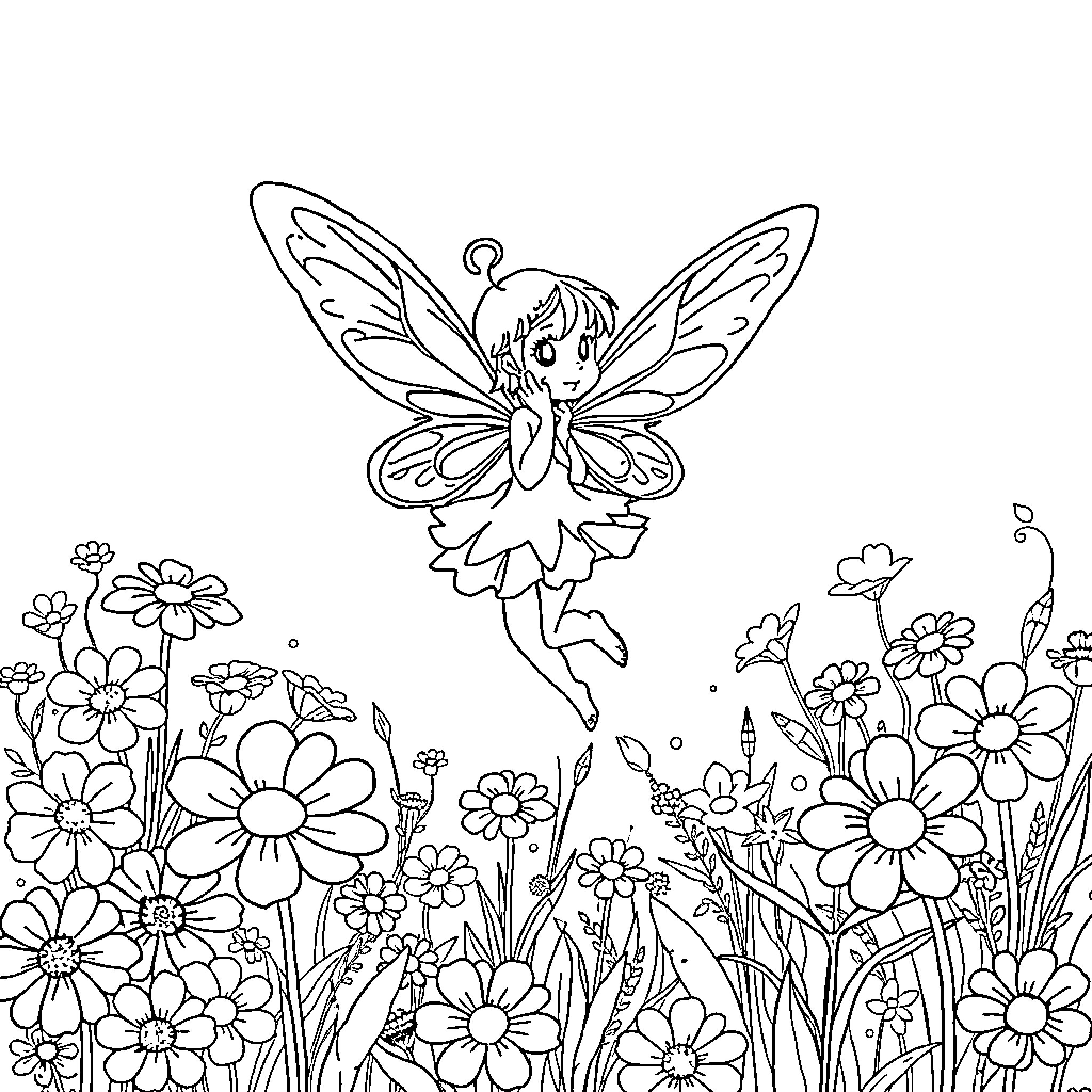 Fairy flying amidst blooming flowers Coloring Page (free black-and-white line drawing printable PDF for all, from beginners to advanced learners, including children, teens, adults, and seniors)