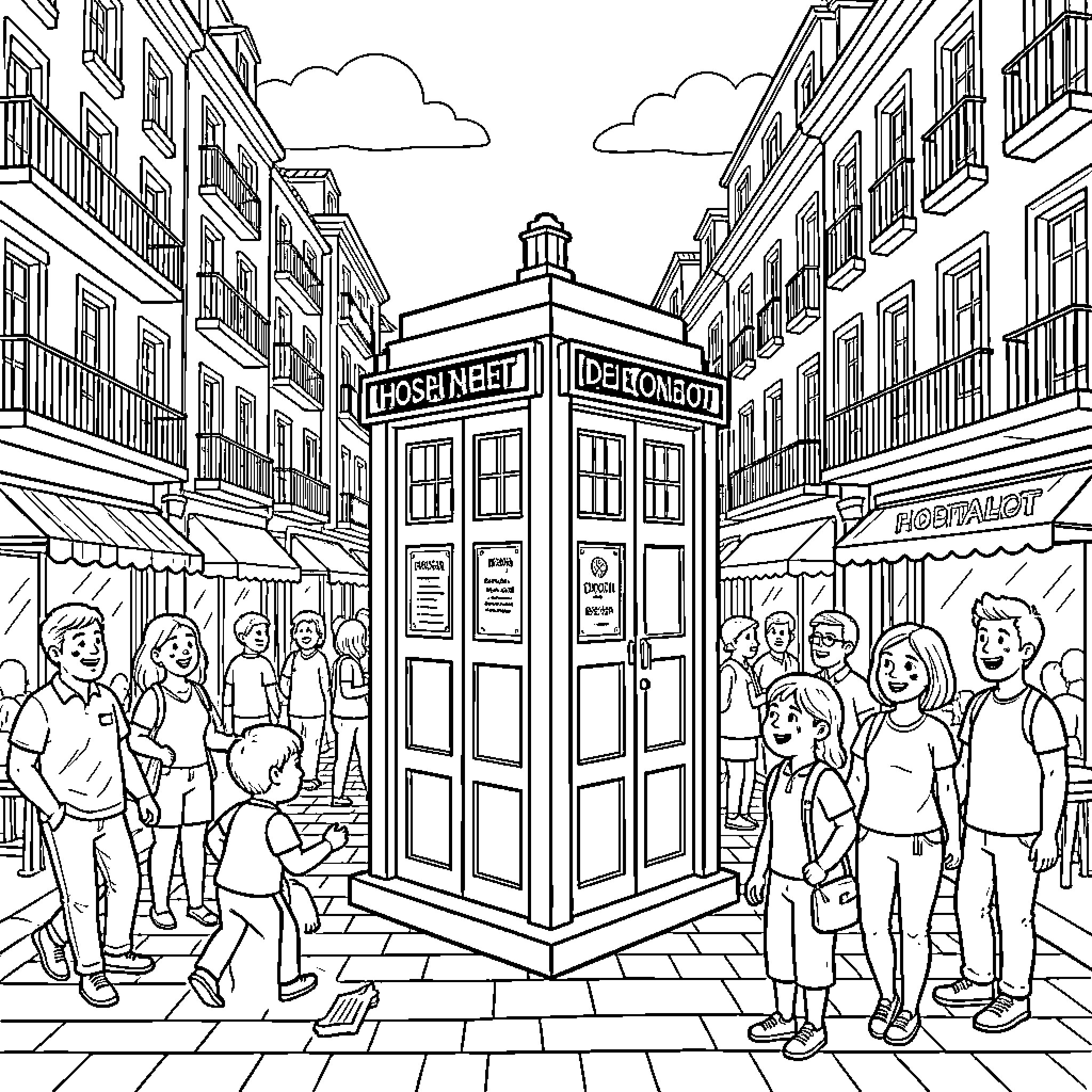 TARDIS in a bustling city street Coloring Page (free black-and-white line drawing printable PDF for all, from beginners to advanced learners, including children, teens, adults, and seniors)