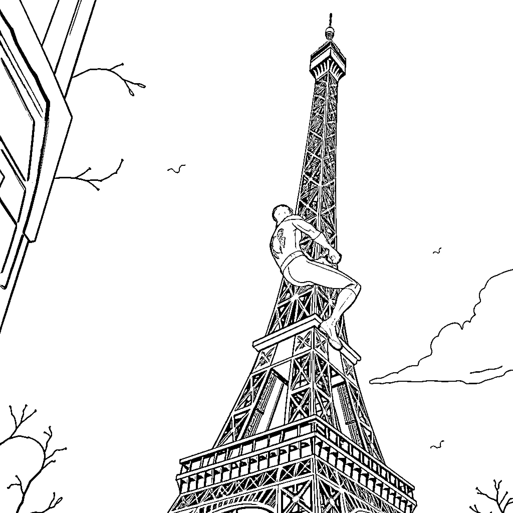 Spiderman climbing up the Eiffel Tower Coloring Page (free black-and-white line drawing printable PDF for all, from beginners to advanced learners, including children, teens, adults, and seniors)