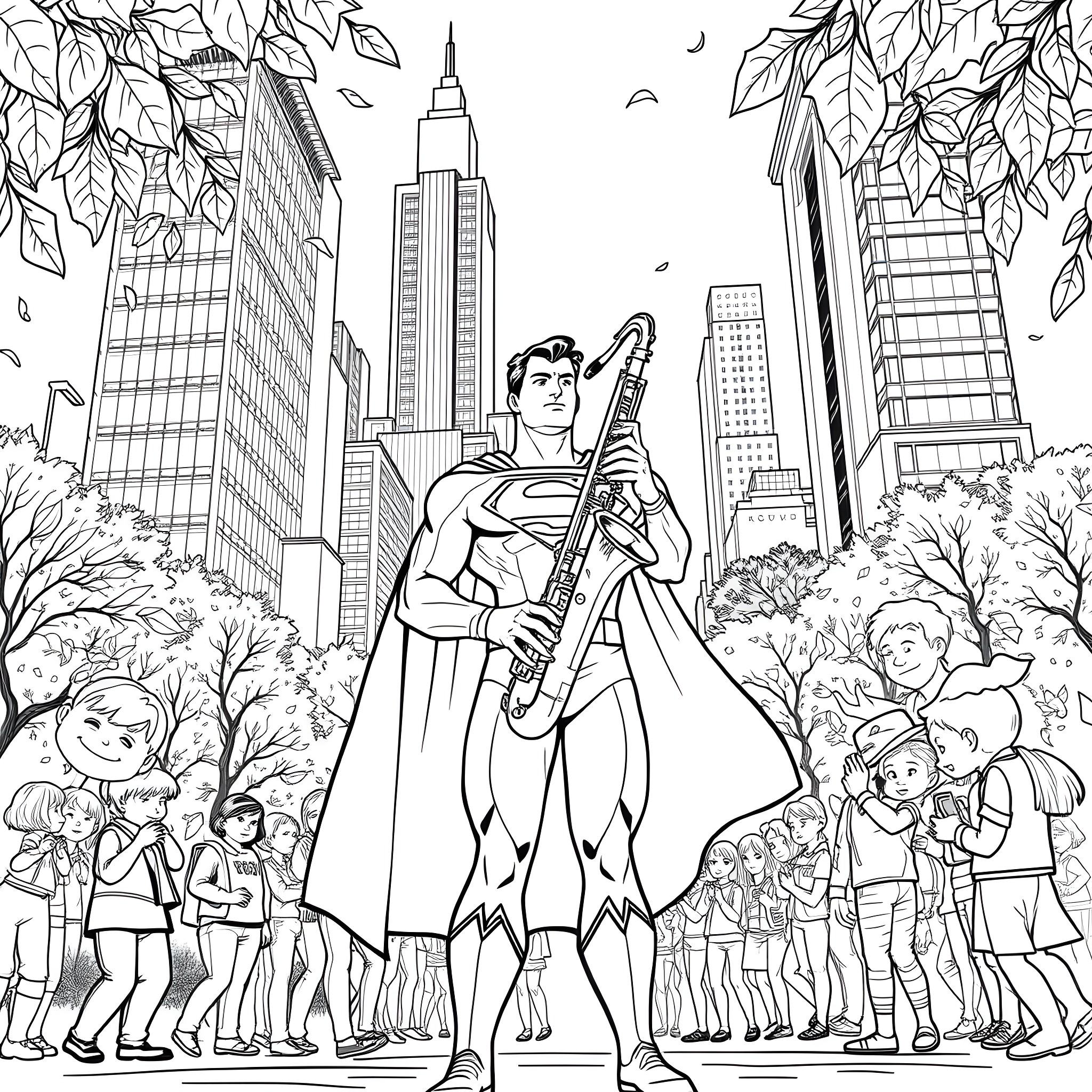 Superman saving the city with his heroic stance Coloring Page (free black-and-white line drawing printable PDF for all, from beginners to advanced learners, including children, teens, adults, and seniors)
