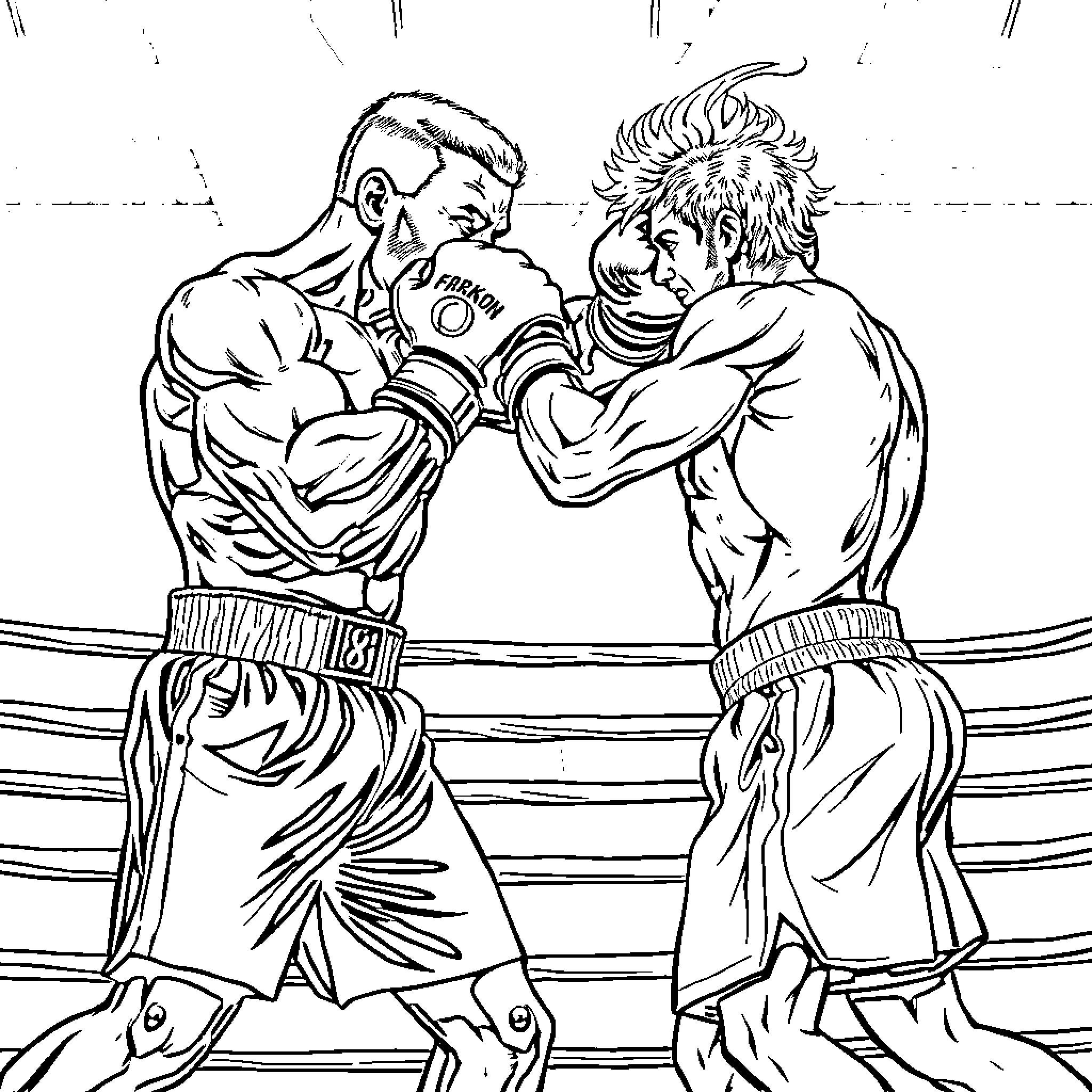 Boxer athletes competing aggressively in the ring Coloring Page (free black-and-white line drawing printable PDF for all, from beginners to advanced learners, including children, teens, adults, and seniors)