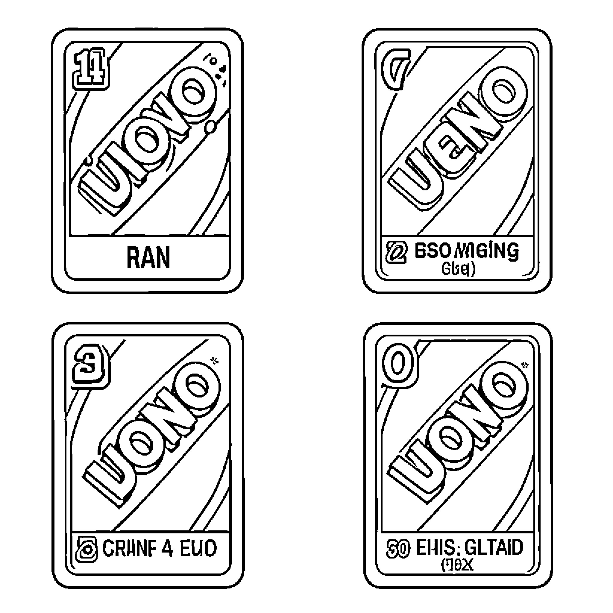 UNO Card set with various symbols and text Coloring Page (free black-and-white line drawing printable PDF for all, from beginners to advanced learners, including children, teens, adults, and seniors)