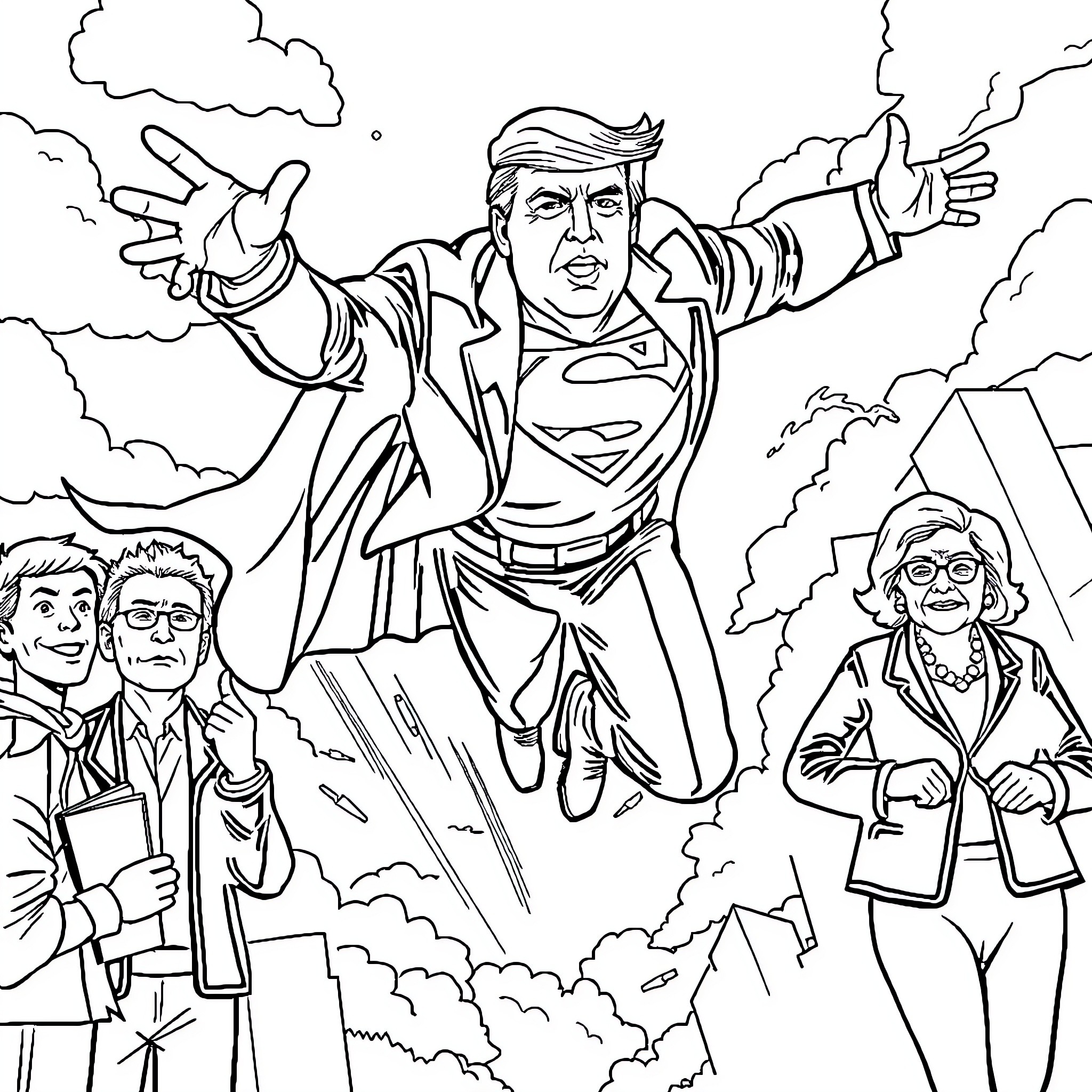Trump's Heroic Portrayal in Dramatic Scene Coloring Page (free black-and-white line drawing printable PDF for all, from beginners to advanced learners, including children, teens, adults, and seniors)