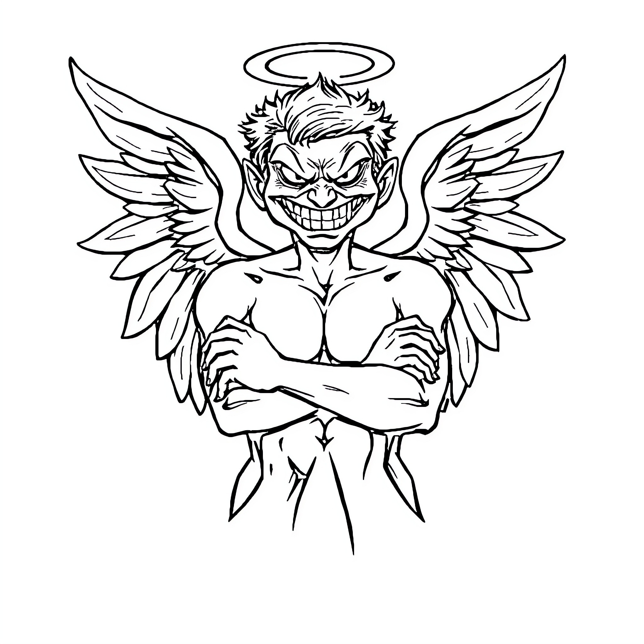 Angel of Mischief with Devilish Grin Coloring Page (free black-and-white line drawing printable PDF for all, from beginners to advanced learners, including children, teens, adults, and seniors)