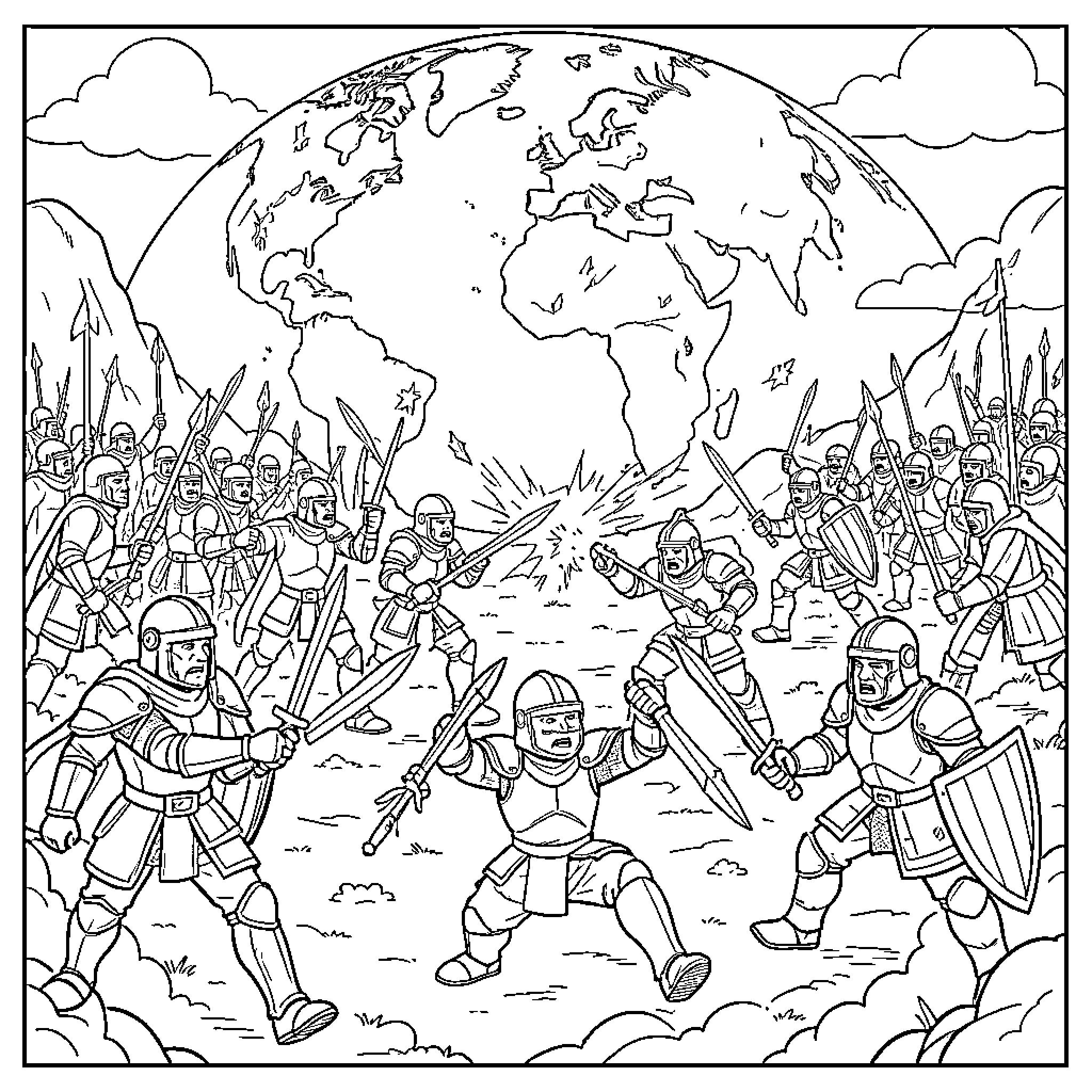 Saint Seiya warriors battling in an epic global conflict Coloring Page (free black-and-white line drawing printable PDF for all, from beginners to advanced learners, including children, teens, adults, and seniors)