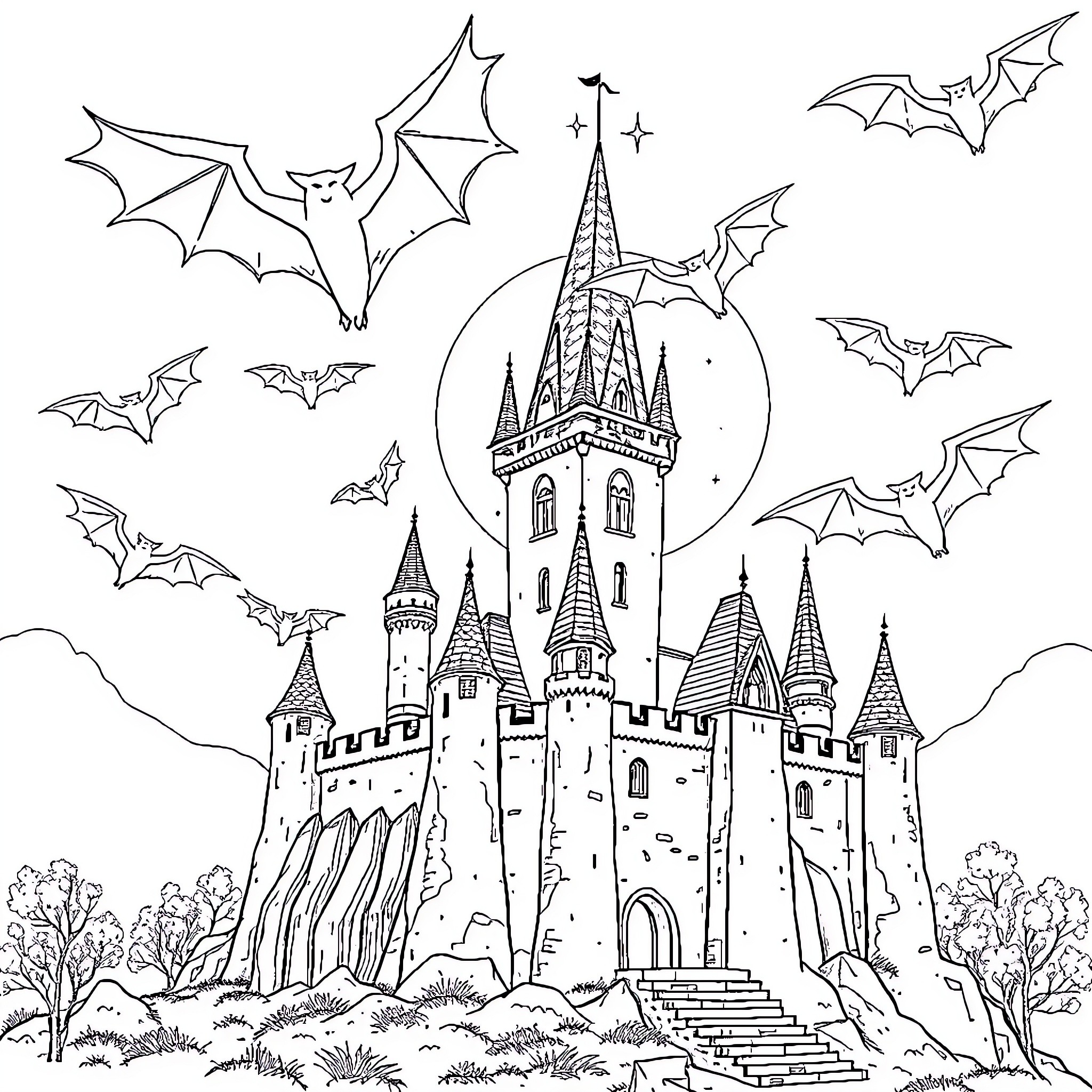 Castle with Bats and Towers Coloring Page (free black-and-white line drawing printable PDF for all, from beginners to advanced learners, including children, teens, adults, and seniors)