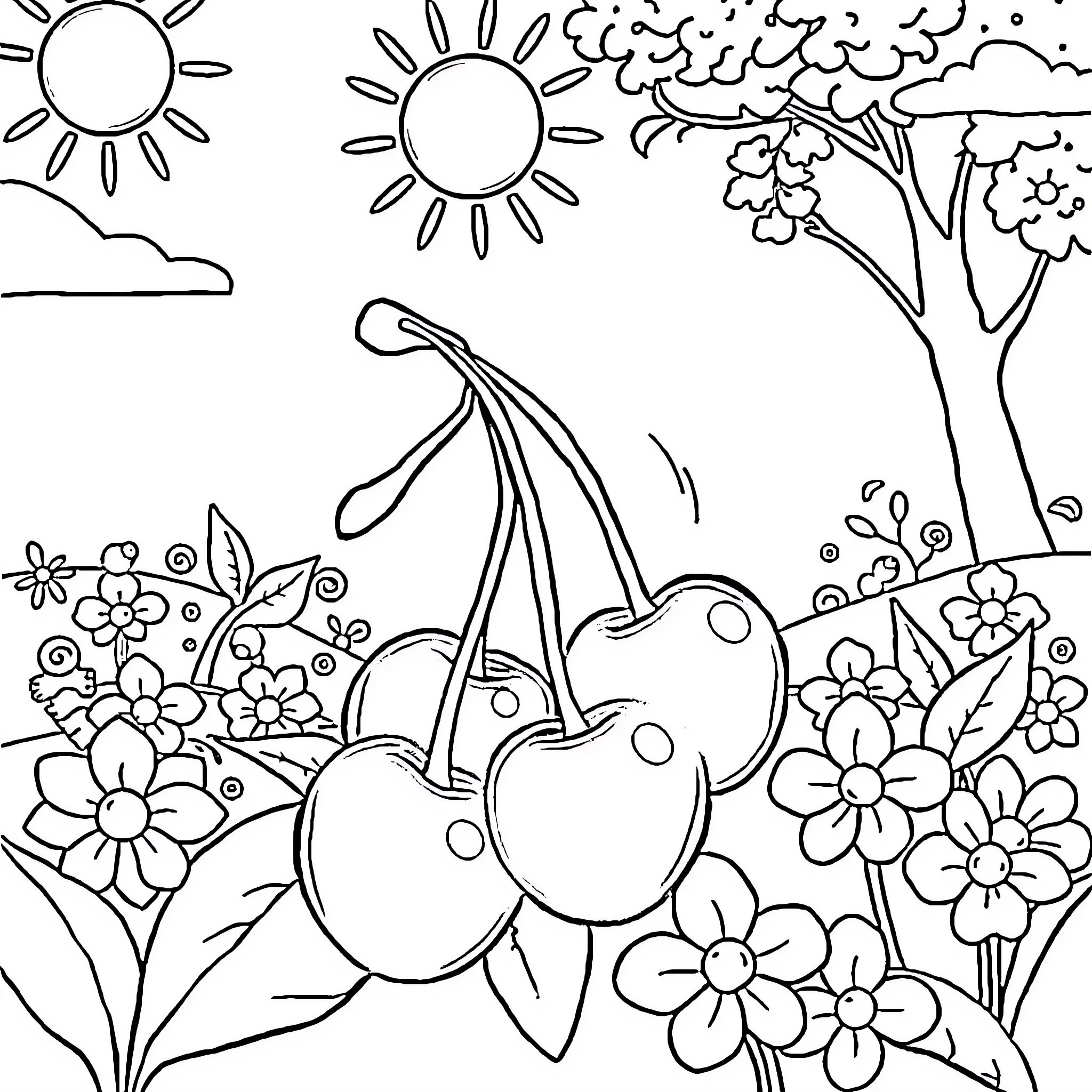 Cherry Blossoms Blooming in Springtime Landscape Coloring Page (free black-and-white line drawing printable PDF for all, from beginners to advanced learners, including children, teens, adults, and seniors)
