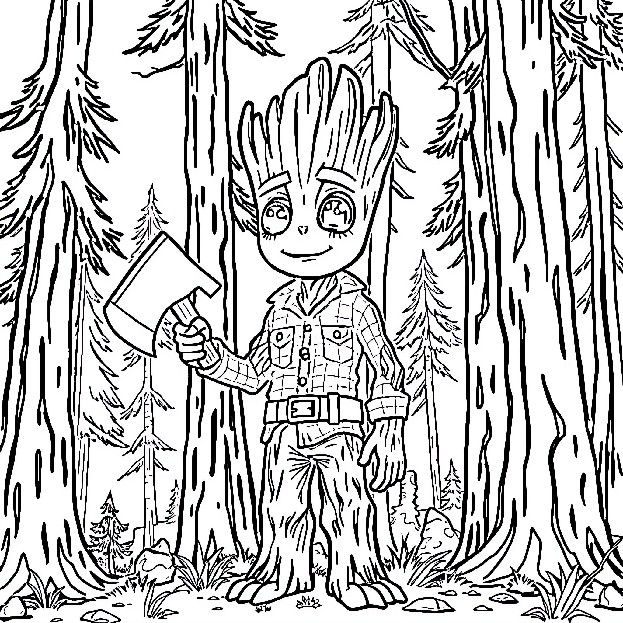 Groot exploring the mysterious forest Coloring Page (free black-and-white line drawing printable PDF for all, from beginners to advanced learners, including children, teens, adults, and seniors)