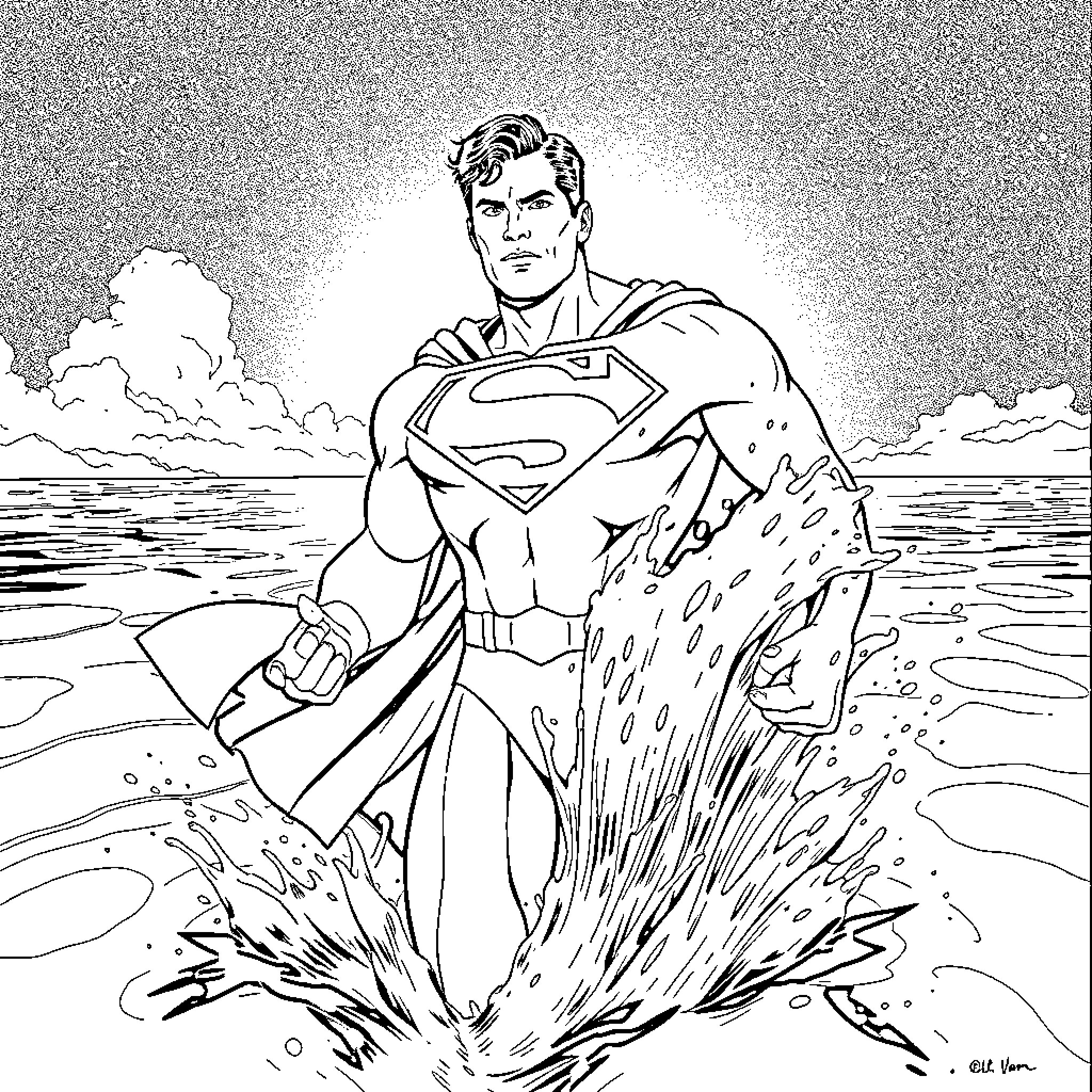 Superman soaring through the sky with heroic pose Coloring Page (free black-and-white line drawing printable PDF for all, from beginners to advanced learners, including children, teens, adults, and seniors)