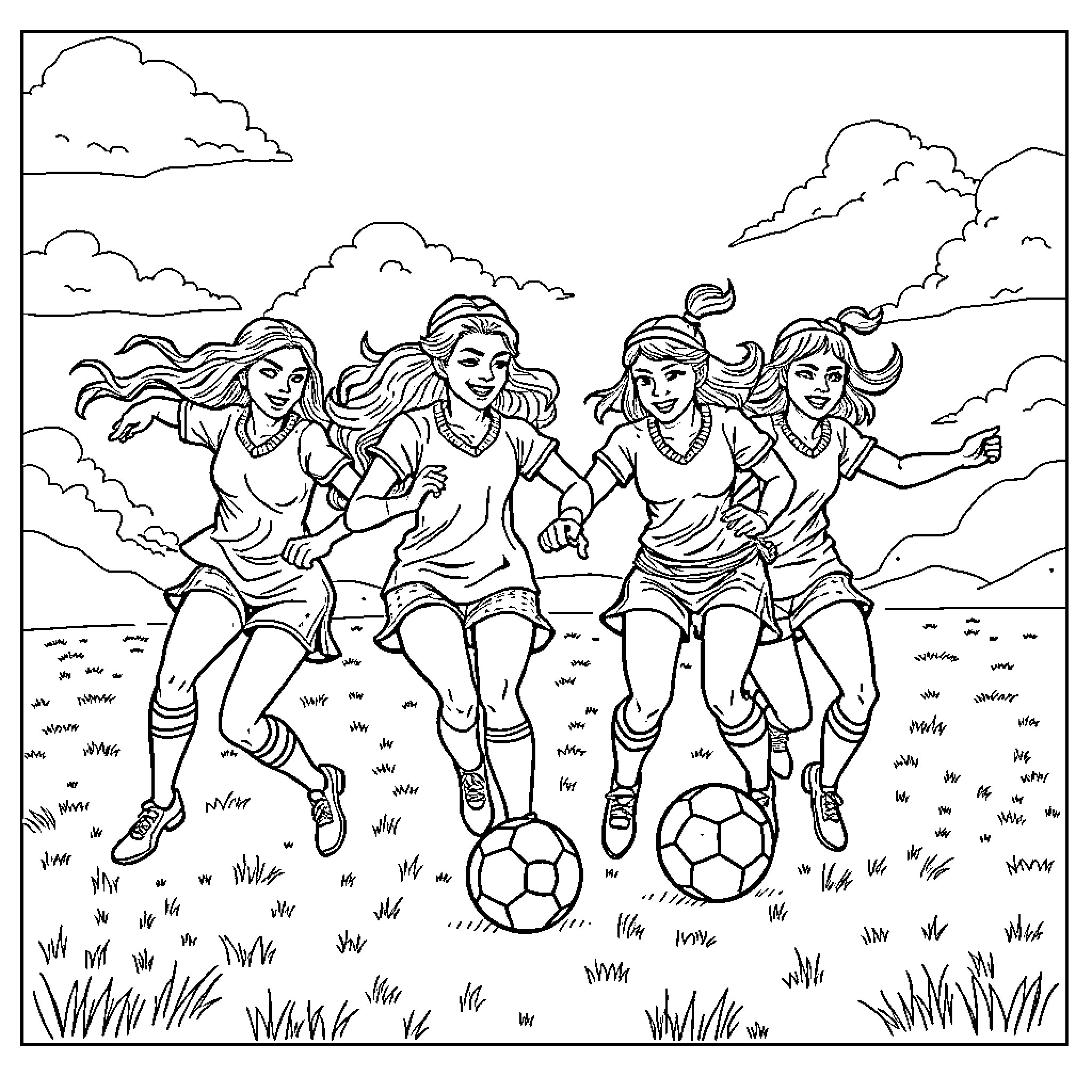 Rummy girls playing soccer in the meadow Coloring Page (free black-and-white line drawing printable PDF for all, from beginners to advanced learners, including children, teens, adults, and seniors)
