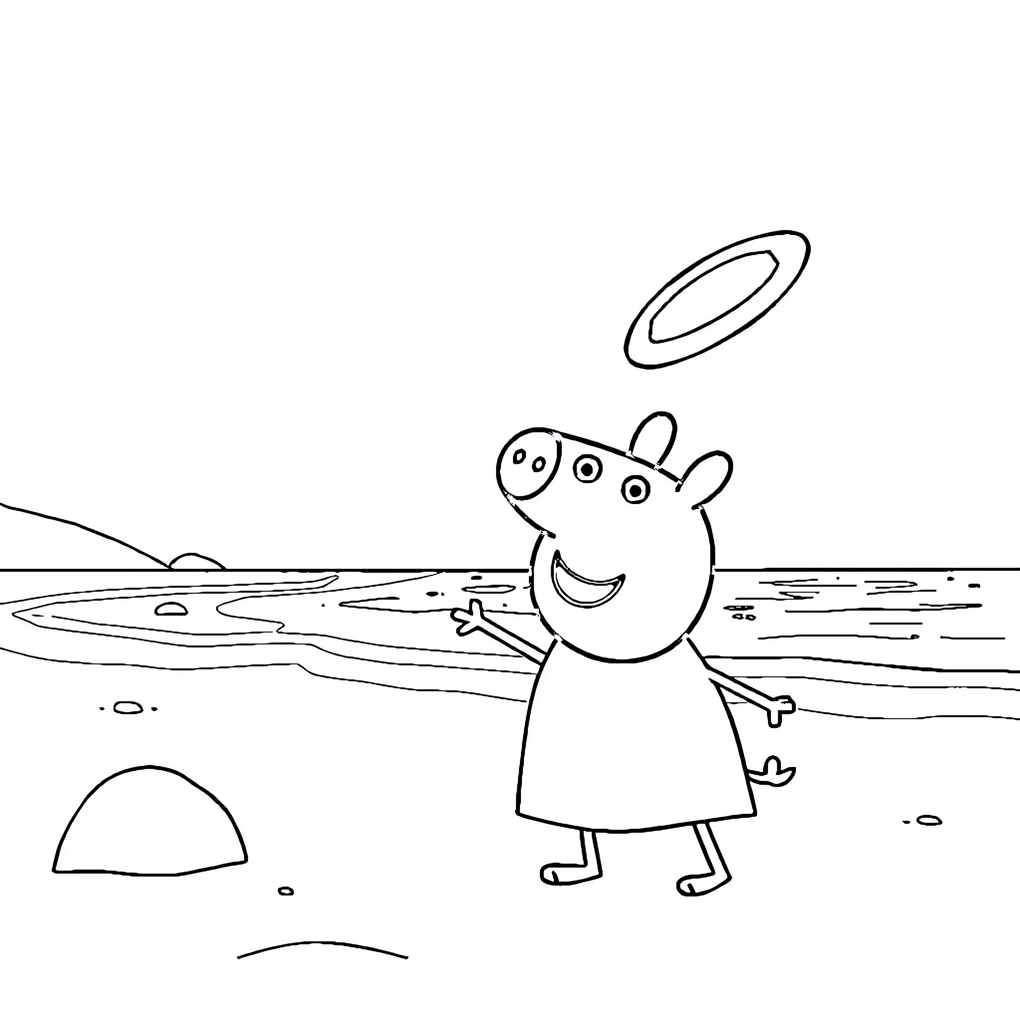 Peppa Pig playing in the water Coloring Page (free black-and-white line drawing printable PDF for all, from beginners to advanced learners, including children, teens, adults, and seniors)