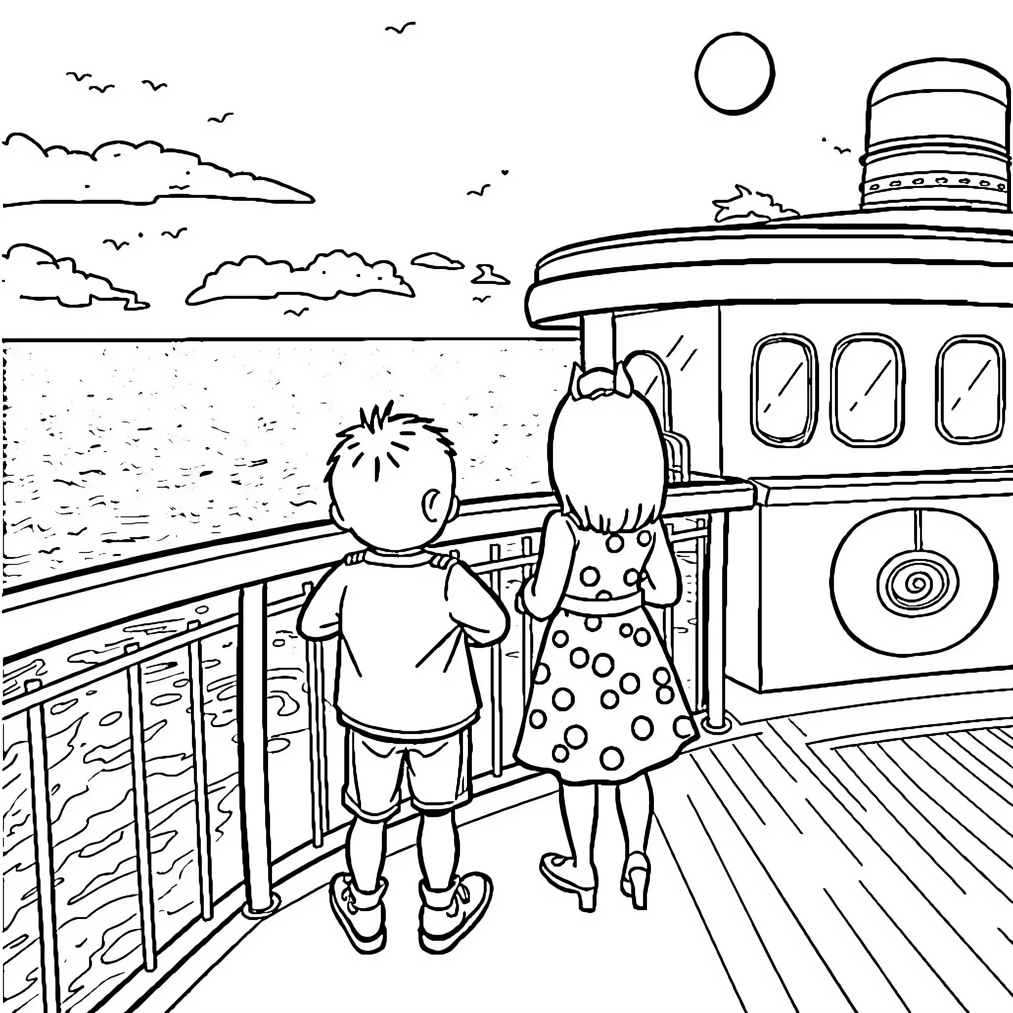 Ben and Holly exploring a cruise ship on the ocean Coloring Page (free black-and-white line drawing printable PDF for all, from beginners to advanced learners, including children, teens, adults, and seniors)