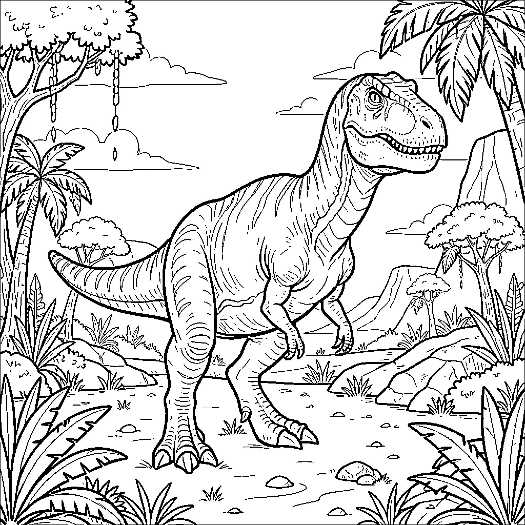 Dinosaur walking through a lush tropical jungle Coloring Page (free black-and-white line drawing printable PDF for all, from beginners to advanced learners, including children, teens, adults, and seniors)