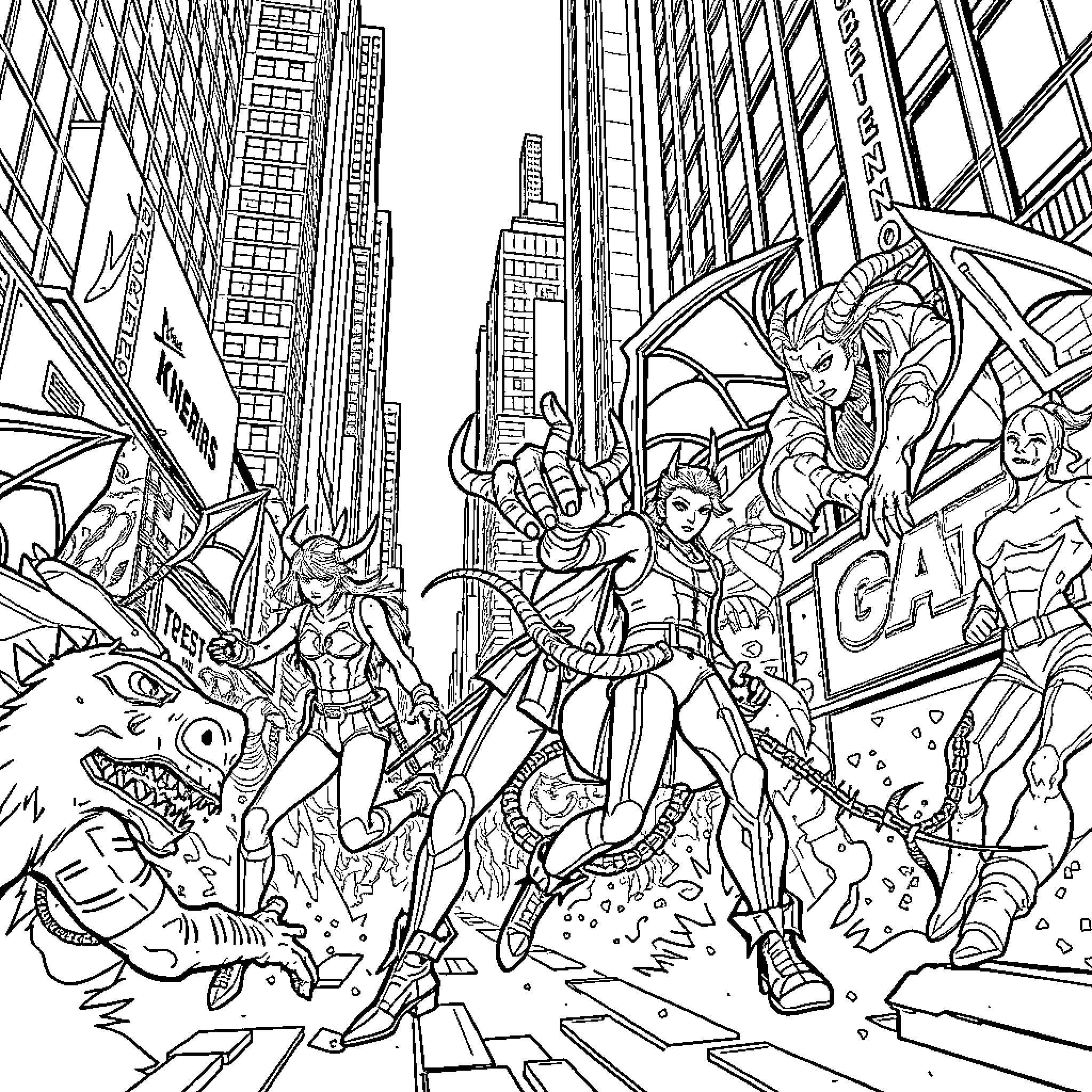Kpop Demon Hunter: Heroic Team Battles Monstrous Foes in Futuristic City Coloring Page (free black-and-white line drawing printable PDF for all, from beginners to advanced learners, including children, teens, adults, and seniors)