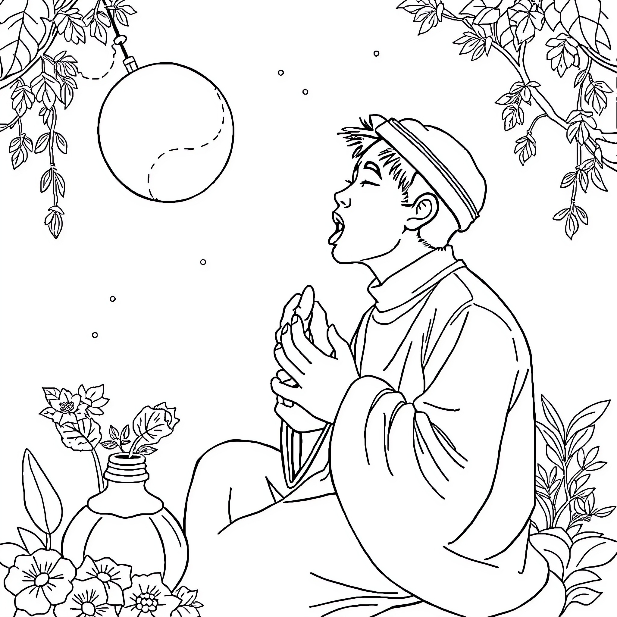 Tung Tung Sahur: Boy in Traditional Clothing Admiring the Night Sky Coloring Page (free black-and-white line drawing printable PDF for all, from beginners to advanced learners, including children, teens, adults, and seniors)