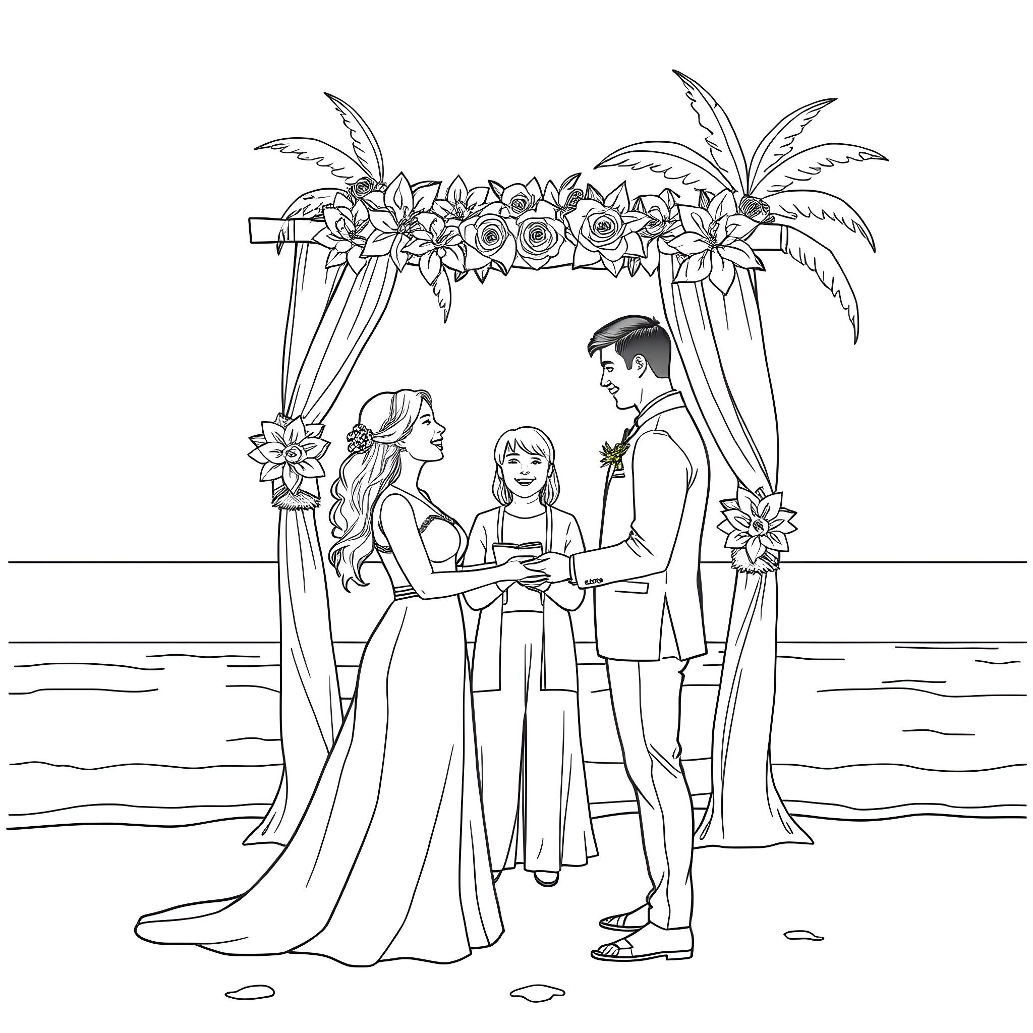 Couple exchanging vows under a floral arch Coloring Page (free black-and-white line drawing printable PDF for all, from beginners to advanced learners, including children, teens, adults, and seniors)