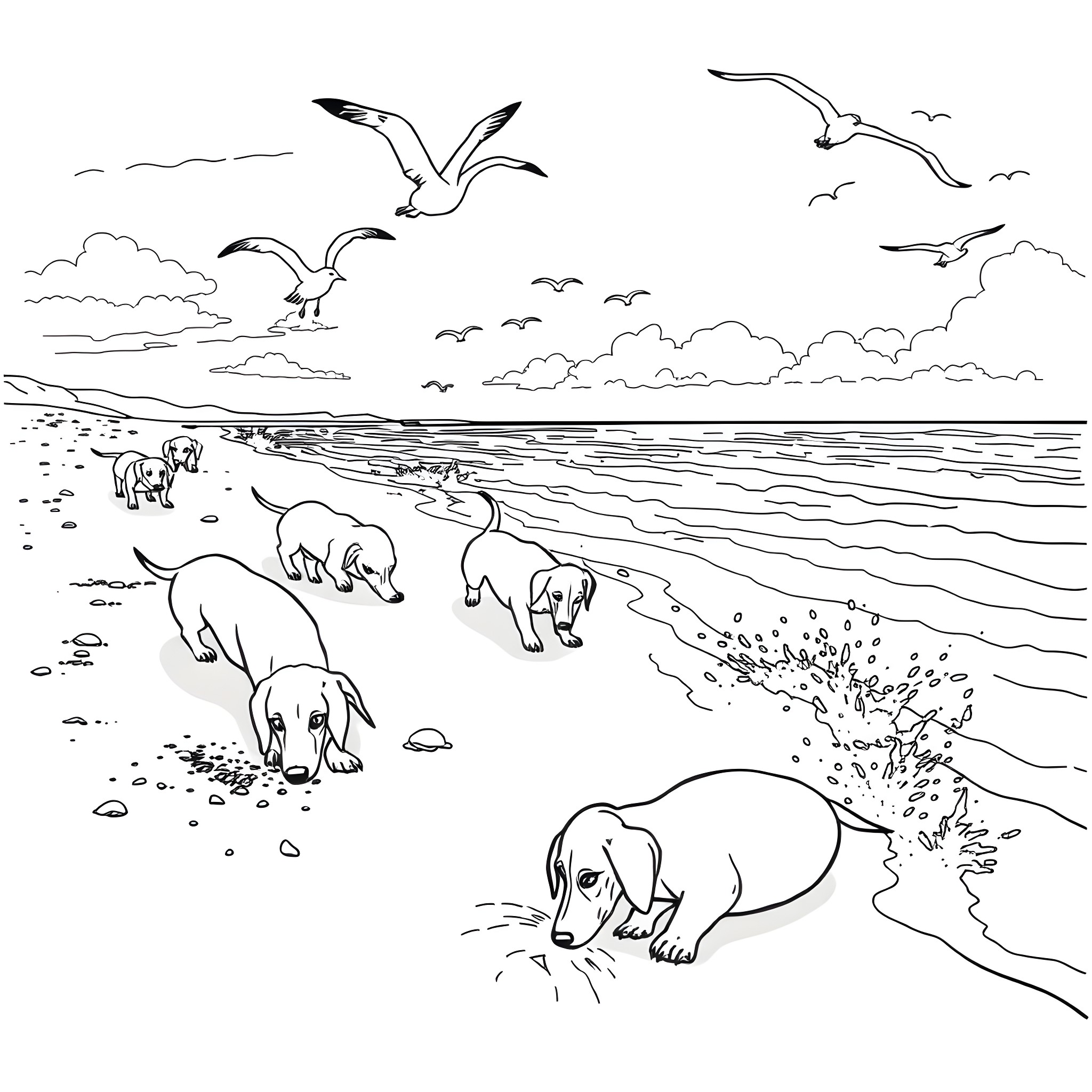 Dachshund puppies playing on the beach Coloring Page (free black-and-white line drawing printable PDF for all, from beginners to advanced learners, including children, teens, adults, and seniors)