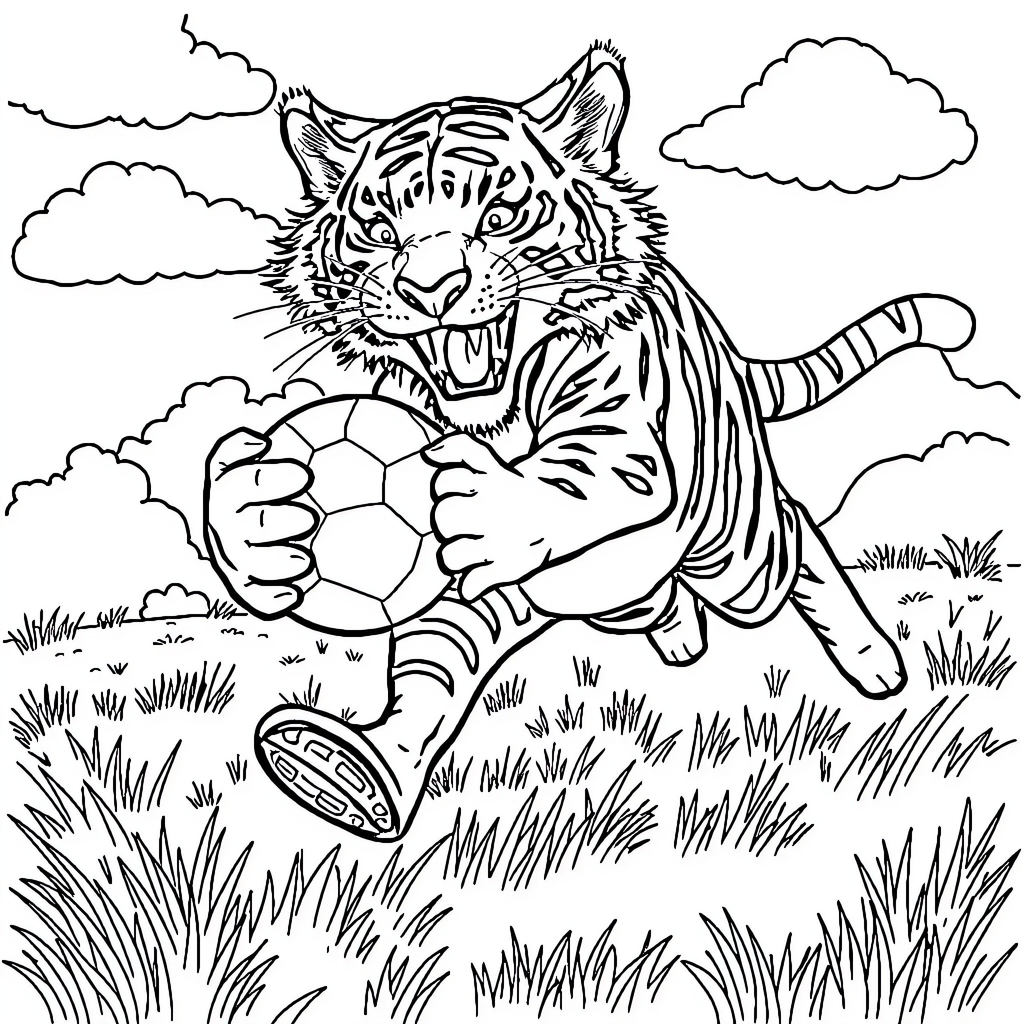 Tasmanian Tiger playing with a soccer ball in the grass Coloring Page (free black-and-white line drawing printable PDF for all, from beginners to advanced learners, including children, teens, adults, and seniors)