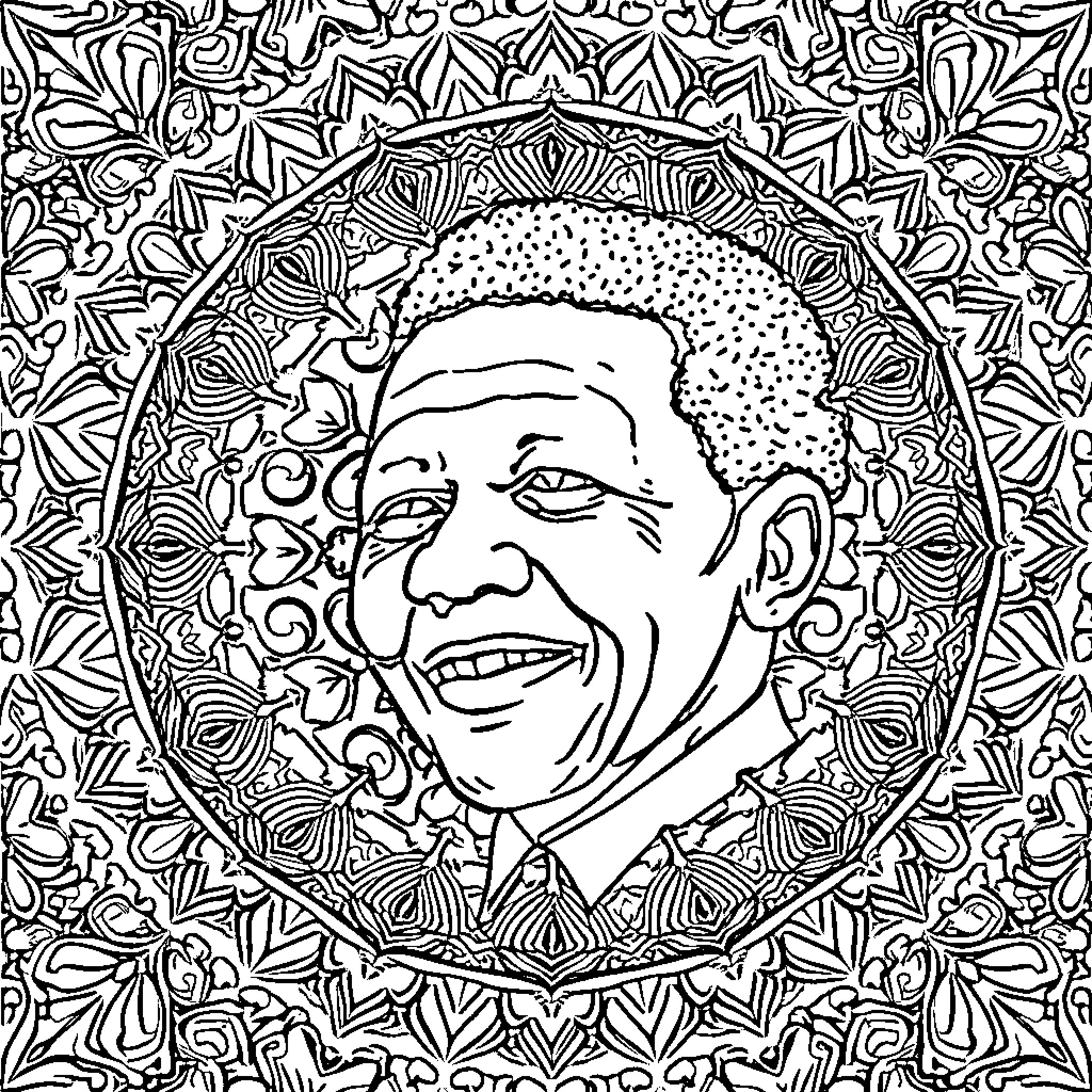 Mandala portrait of a smiling man Coloring Page (free black-and-white line drawing printable PDF for all, from beginners to advanced learners, including children, teens, adults, and seniors)
