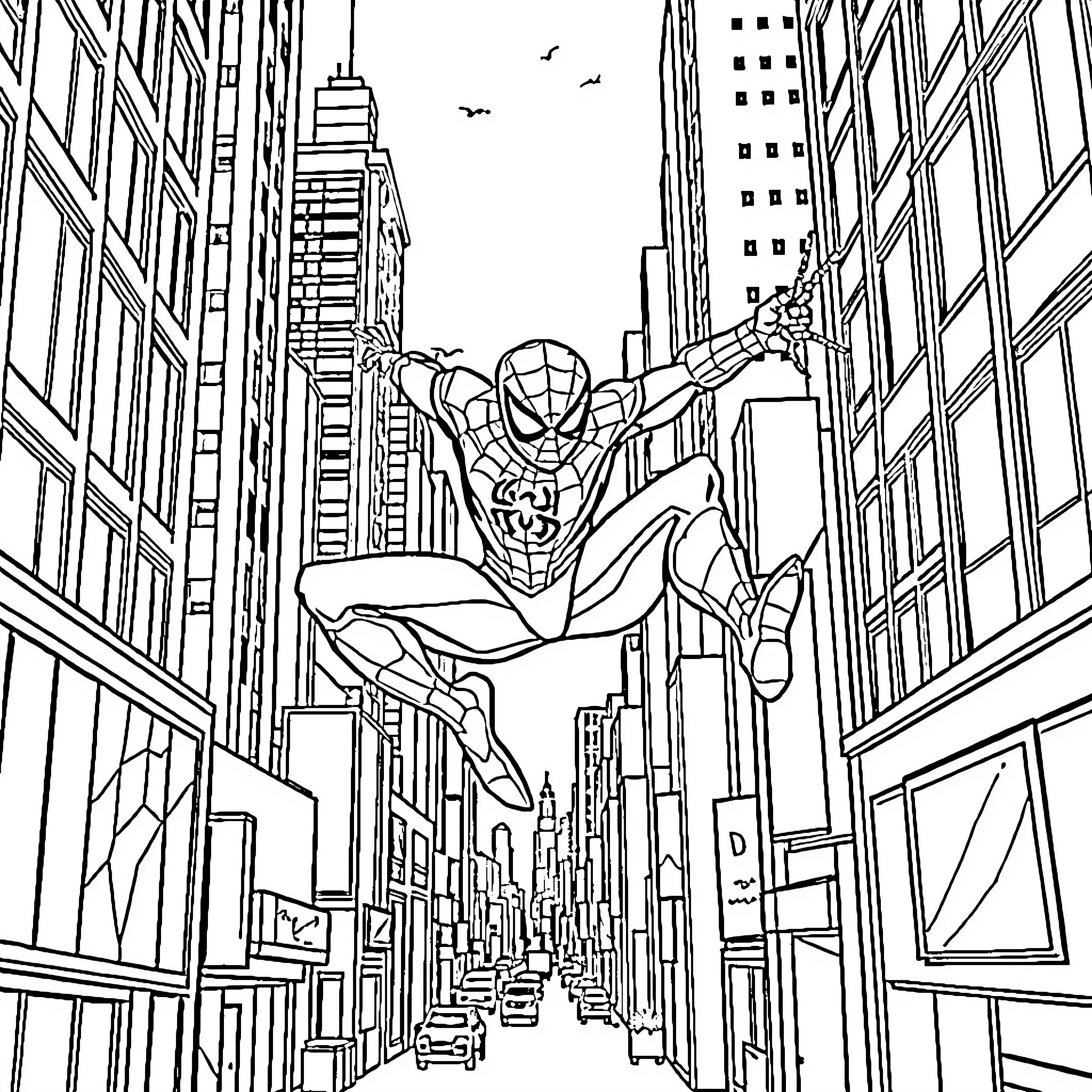 Spiderman swinging through the city skyline Coloring Page (free black-and-white line drawing printable PDF for all, from beginners to advanced learners, including children, teens, adults, and seniors)